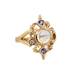 Collection of Alignement Ring - Gold, Rainbow Moonstone, Tanzanite &amp; Diamond in a gallery layout