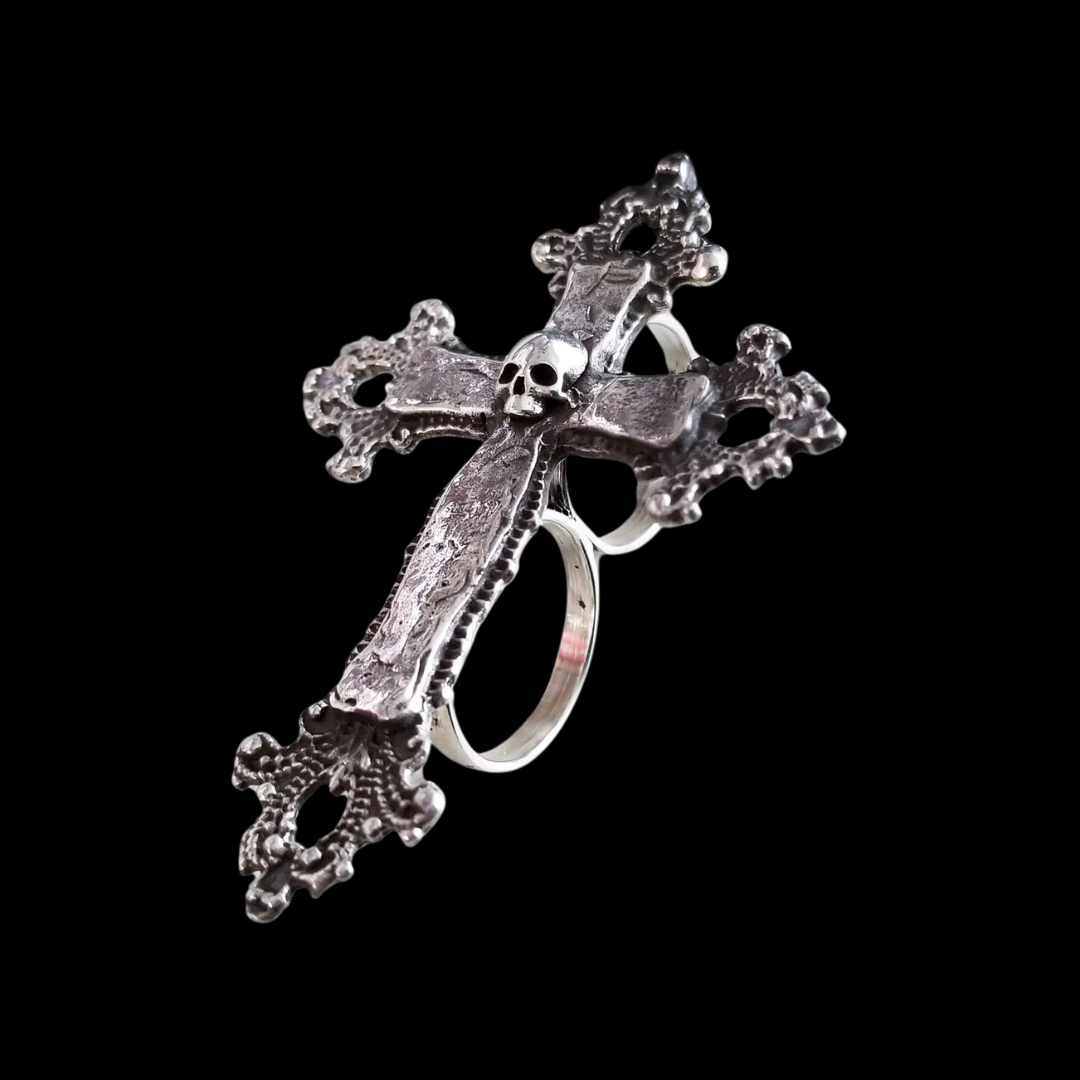 Collection of Big Unisex 2 Finger Skull Baroque Cross Ring - Inchoo Bijoux in a gallery layout