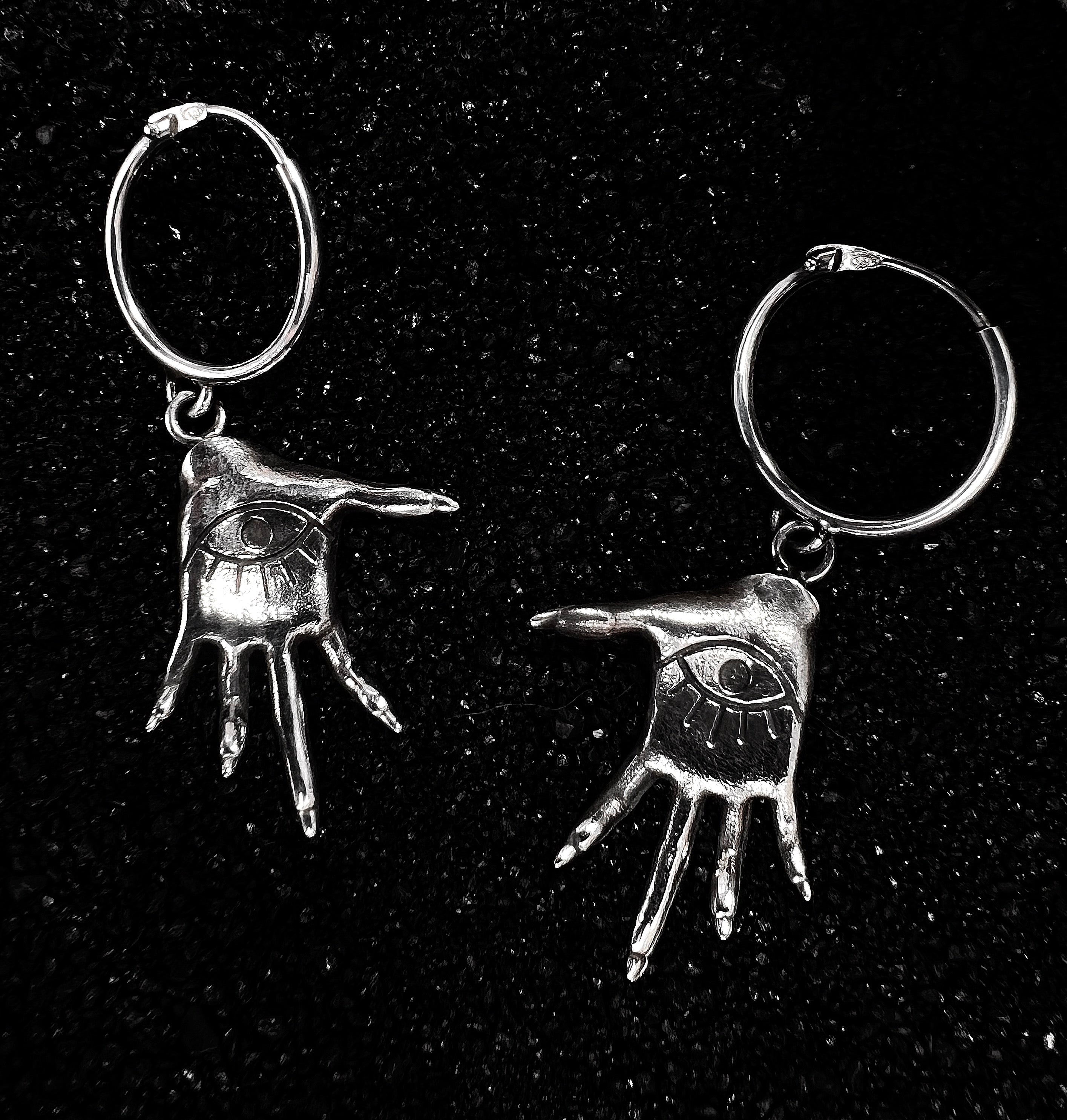 Collection of Palmistry Witch Hands Hoop Earrings in Sterling Silver in a gallery layout