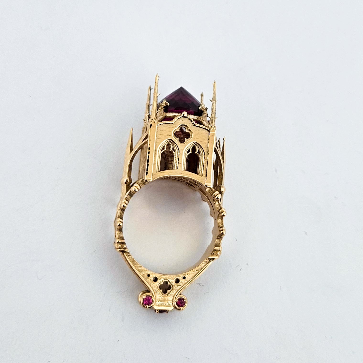 Collection of The Temple of Temptations - 14K Yellow Gold, Raspberry Garnet, Pink Spinelle and Ruby Ring in a gallery layout