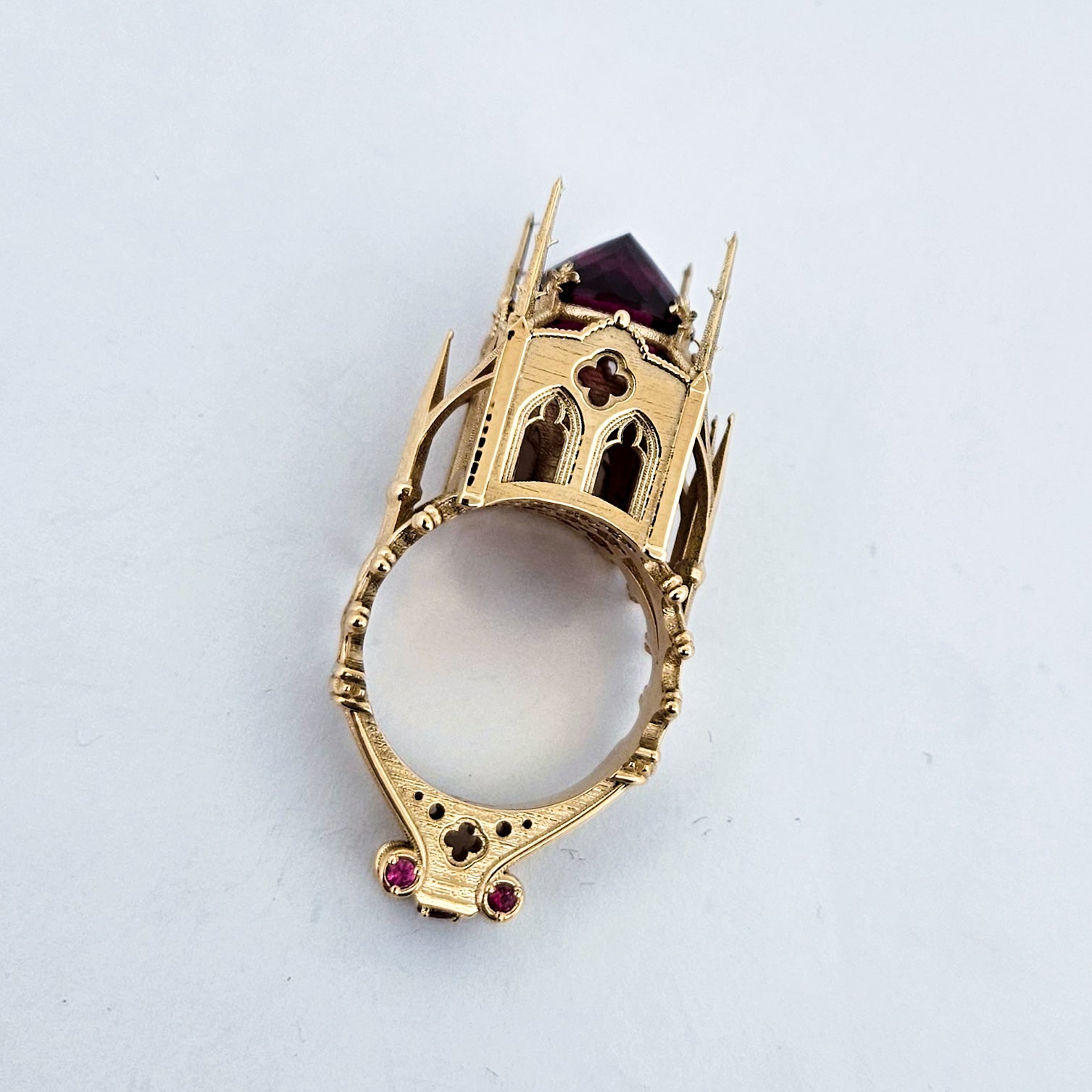 Collection of The Temple of Temptations - 14K Yellow Gold, Raspberry Garnet, Pink Spinelle and Ruby Ring in a gallery layout