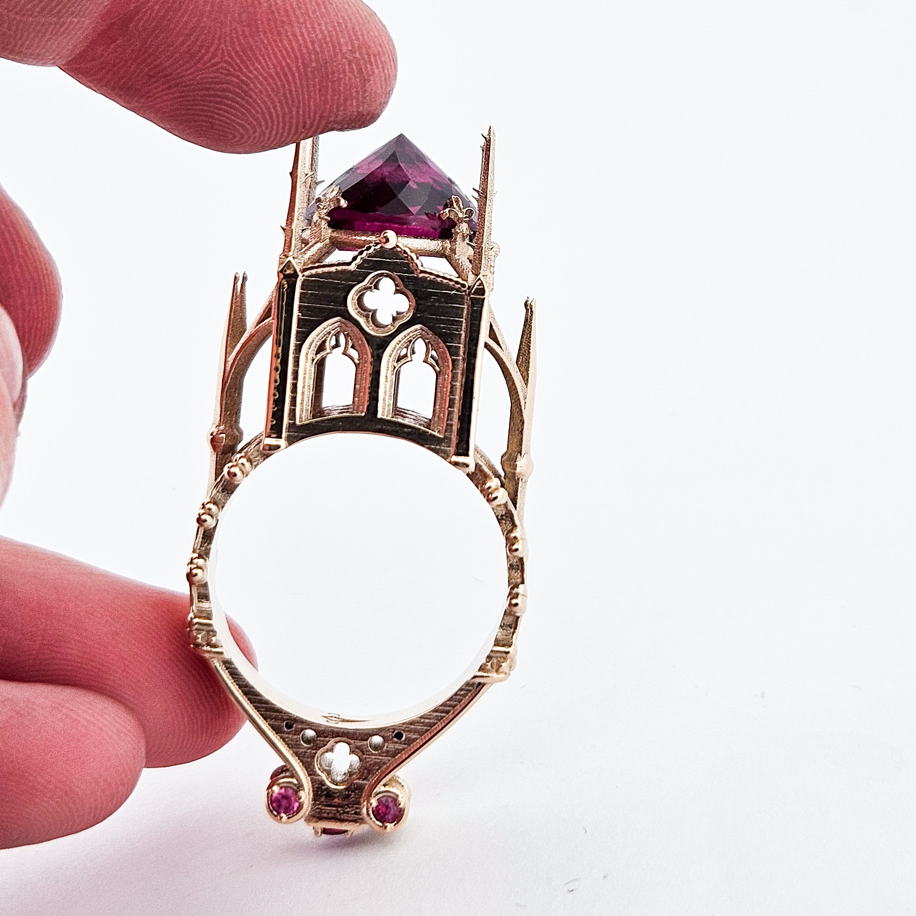 Collection of The Temple of Temptations - 14K Yellow Gold, Raspberry Garnet, Pink Spinelle and Ruby Ring in a gallery layout