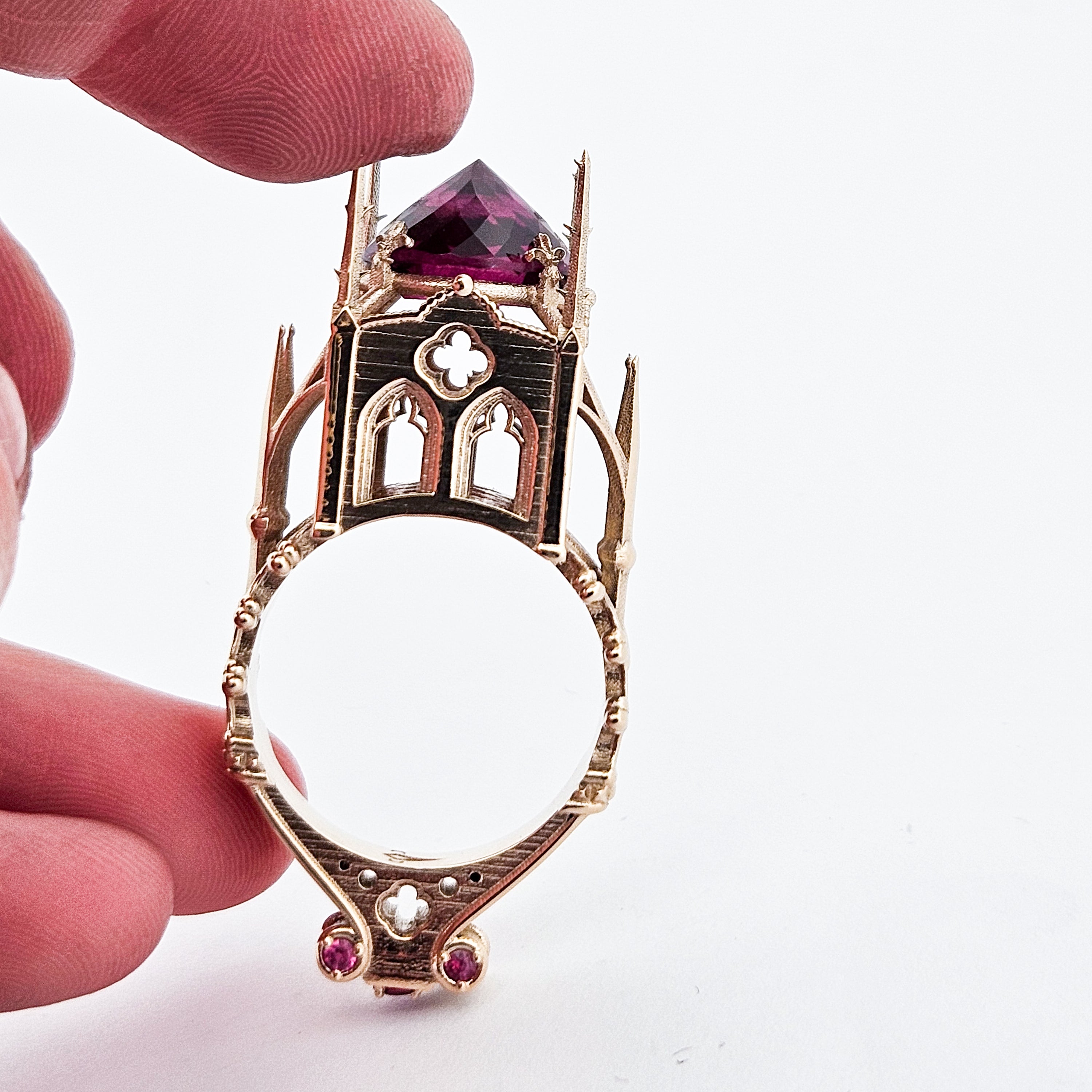 Collection of The Temple of Temptations - 14K Yellow Gold, Raspberry Garnet, Pink Spinelle and Ruby Ring in a gallery layout
