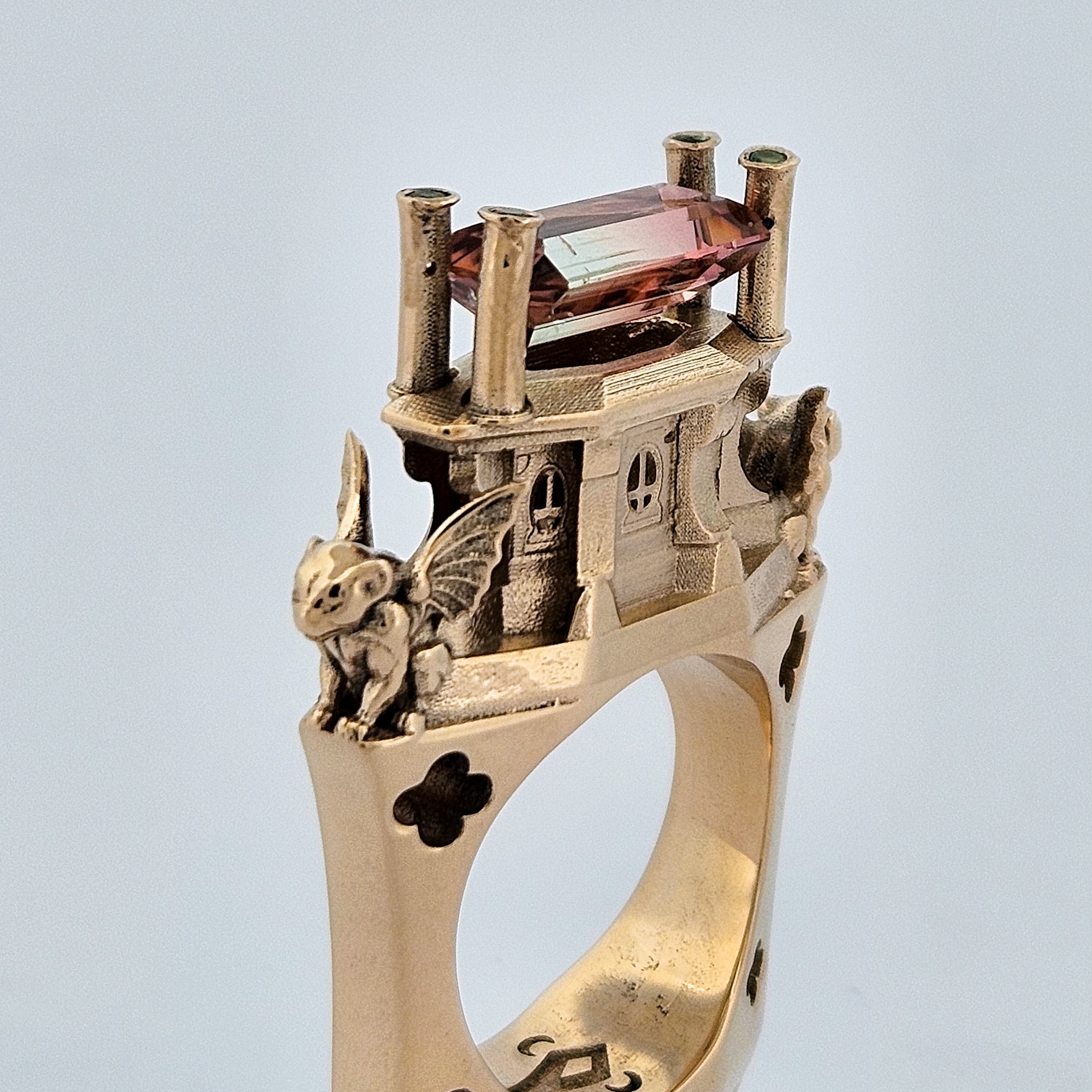 Collection of The Protectors - Gargoyles - 14K Yellow Gold, Bi-Color Tourmaline, Morganite and Apple Green Tourmaline Statement Ring in a gallery layout