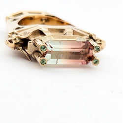 Collection of The Protectors - Gargoyles - 14K Yellow Gold, Bi-Color Tourmaline, Morganite and Apple Green Tourmaline Statement Ring in a gallery layout