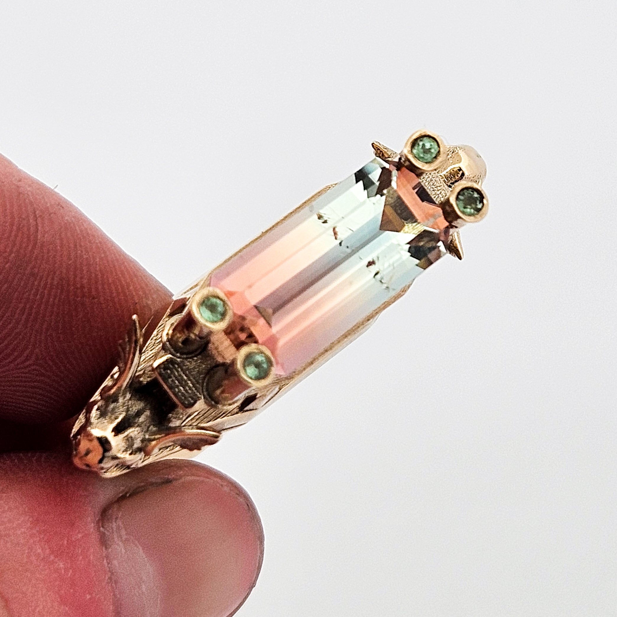 Collection of The Protectors - Gargoyles - 14K Yellow Gold, Bi-Color Tourmaline, Morganite and Apple Green Tourmaline Statement Ring in a gallery layout