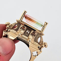 Collection of The Protectors - Gargoyles - 14K Yellow Gold, Bi-Color Tourmaline, Morganite and Apple Green Tourmaline Statement Ring in a gallery layout