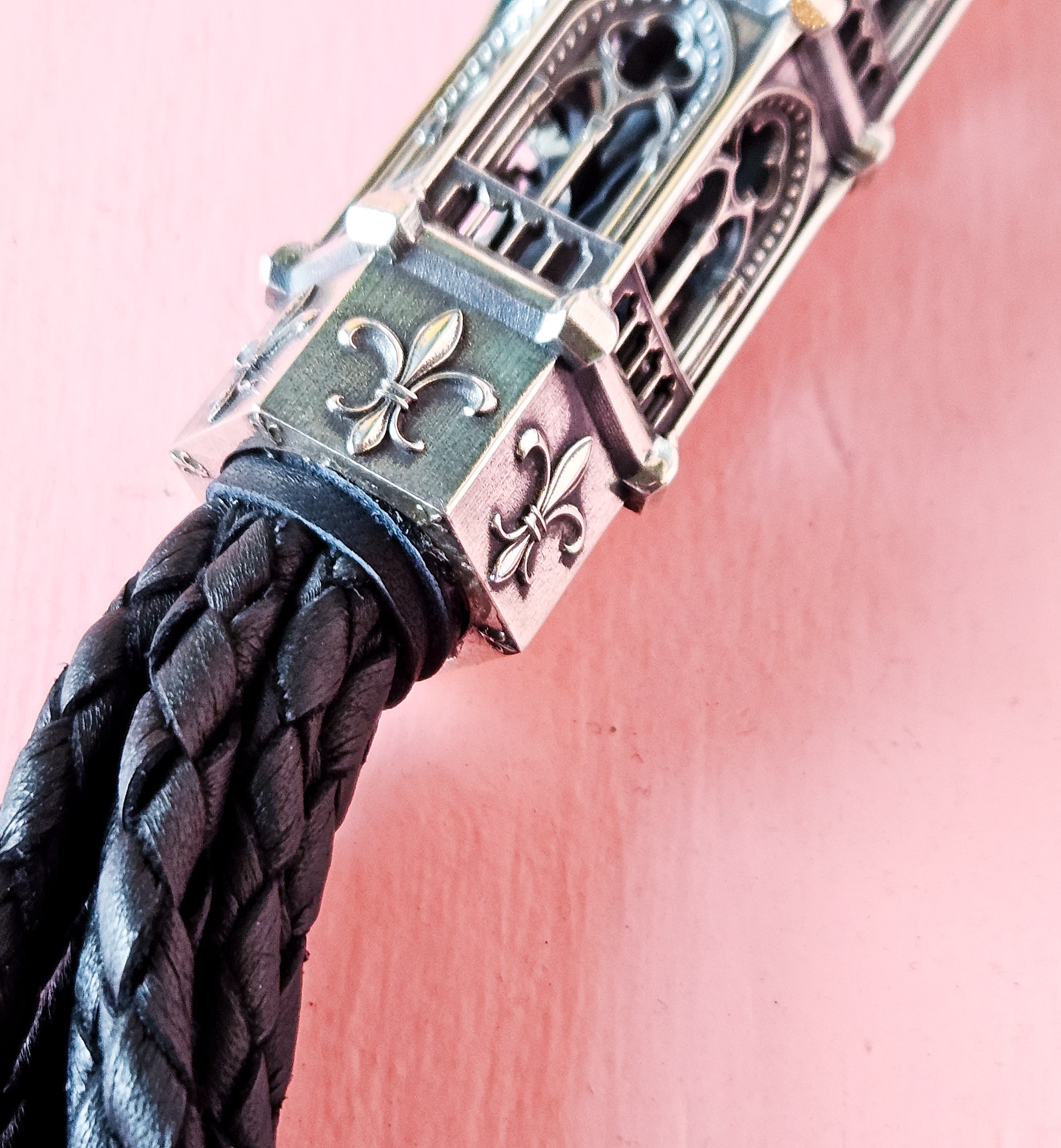 Collection of Ornate Gothic Cathedral Flogger in Sterling Silver and Premium Leather in a gallery layout