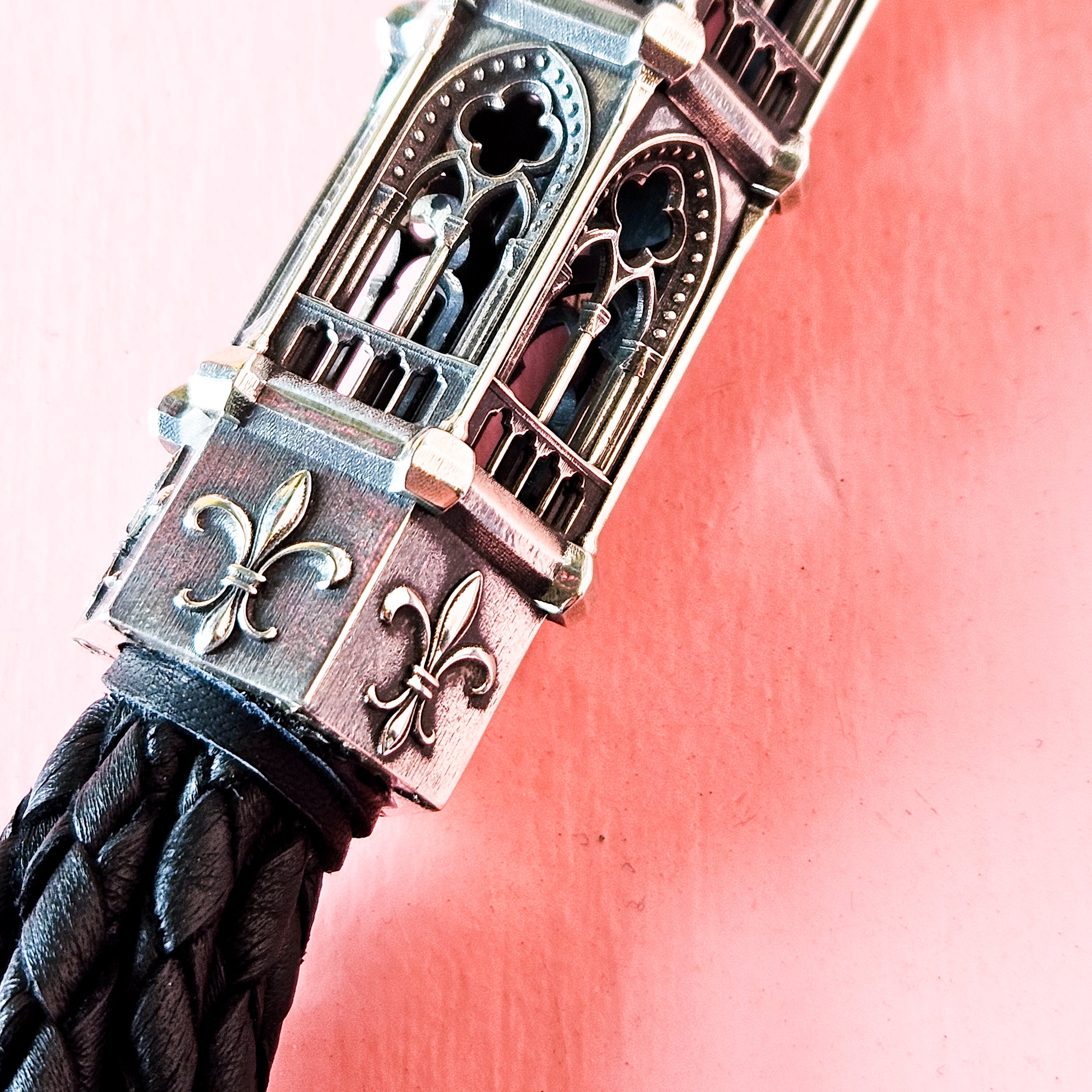 Collection of Ornate Gothic Cathedral Flogger in Sterling Silver and Premium Leather in a gallery layout