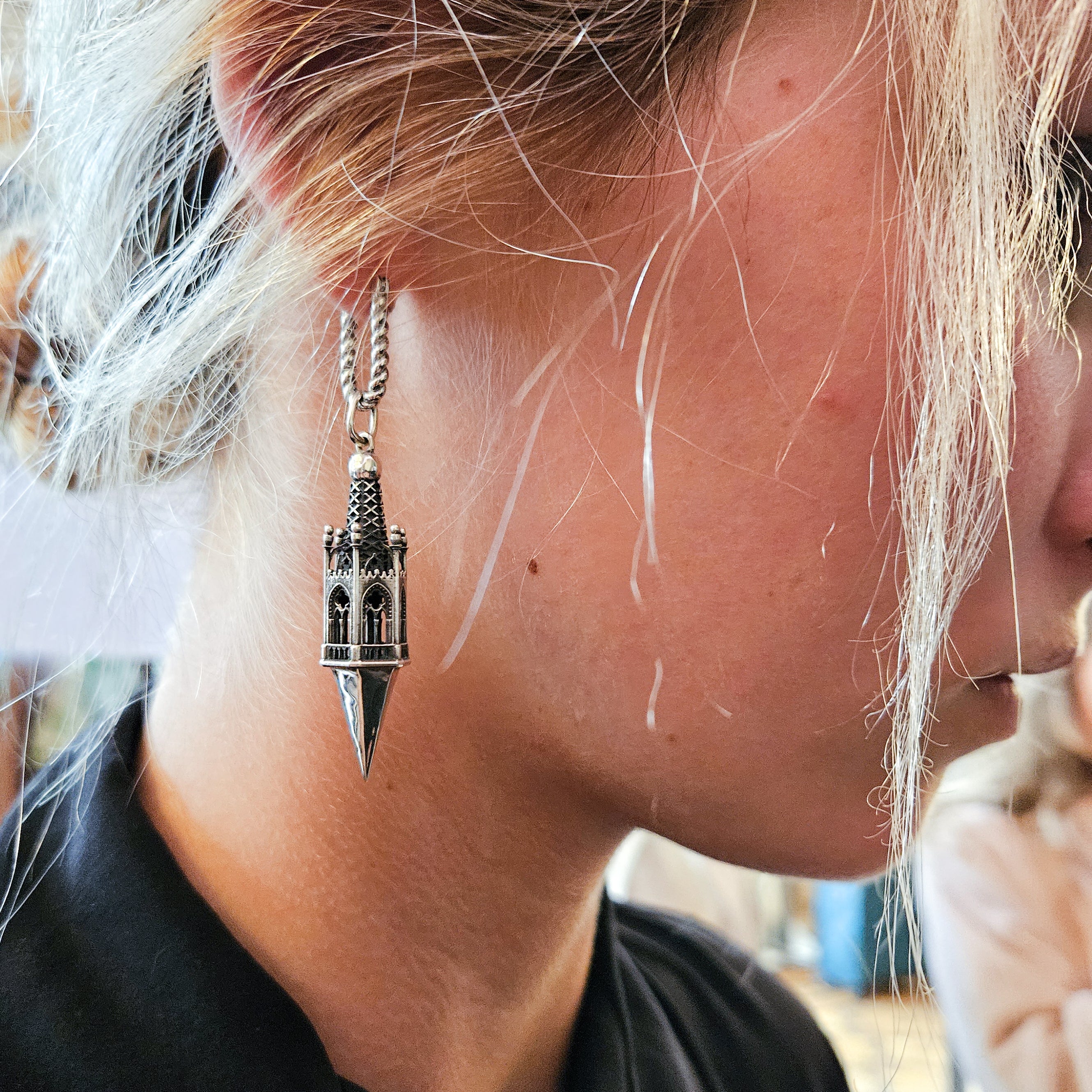 Collection of Gothic Tower Pyramid Dangling Earrings in a gallery layout