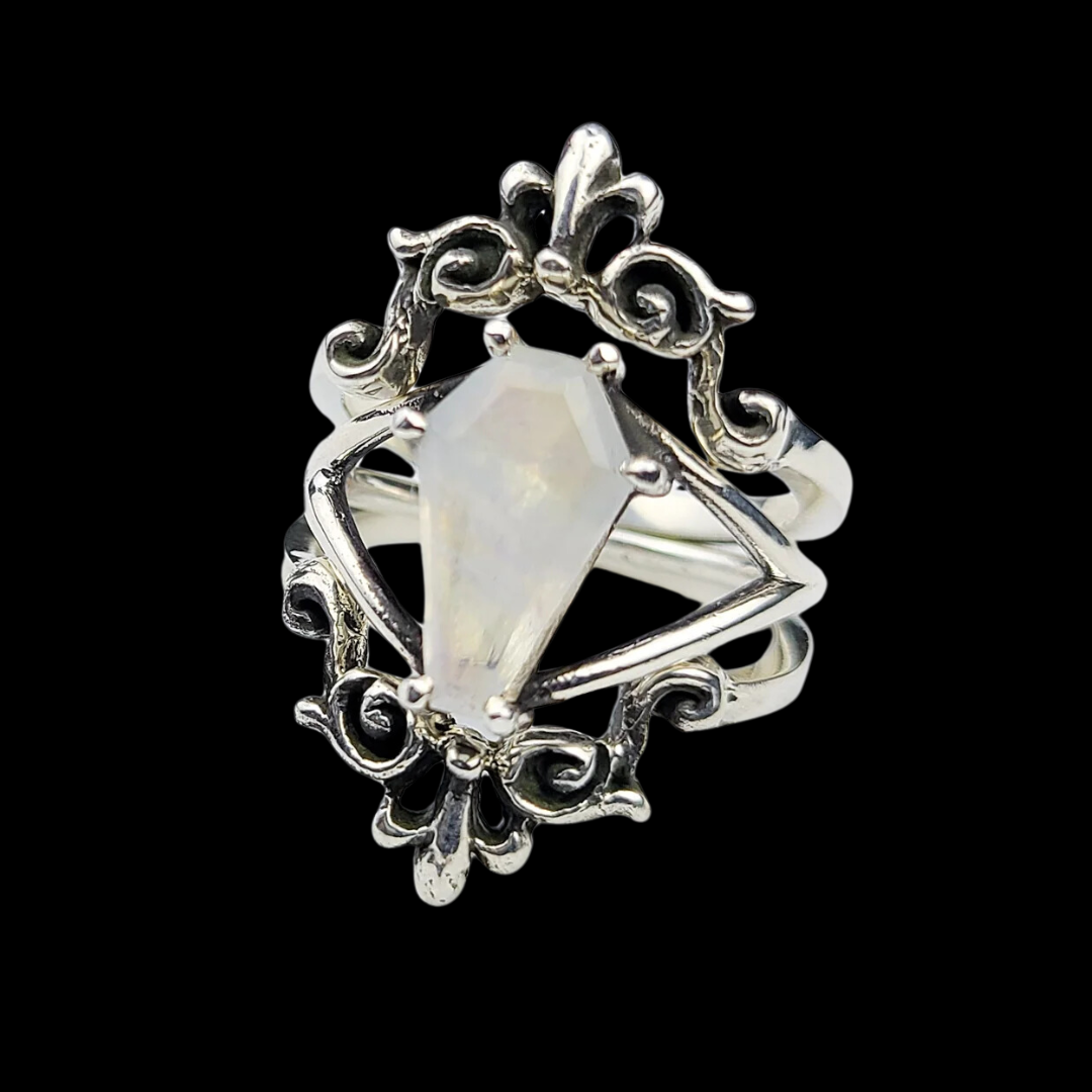 Collection of Rainbow Moonstone Coffin Ring with Baroque Lace Stacking Ring Combo in a gallery layout