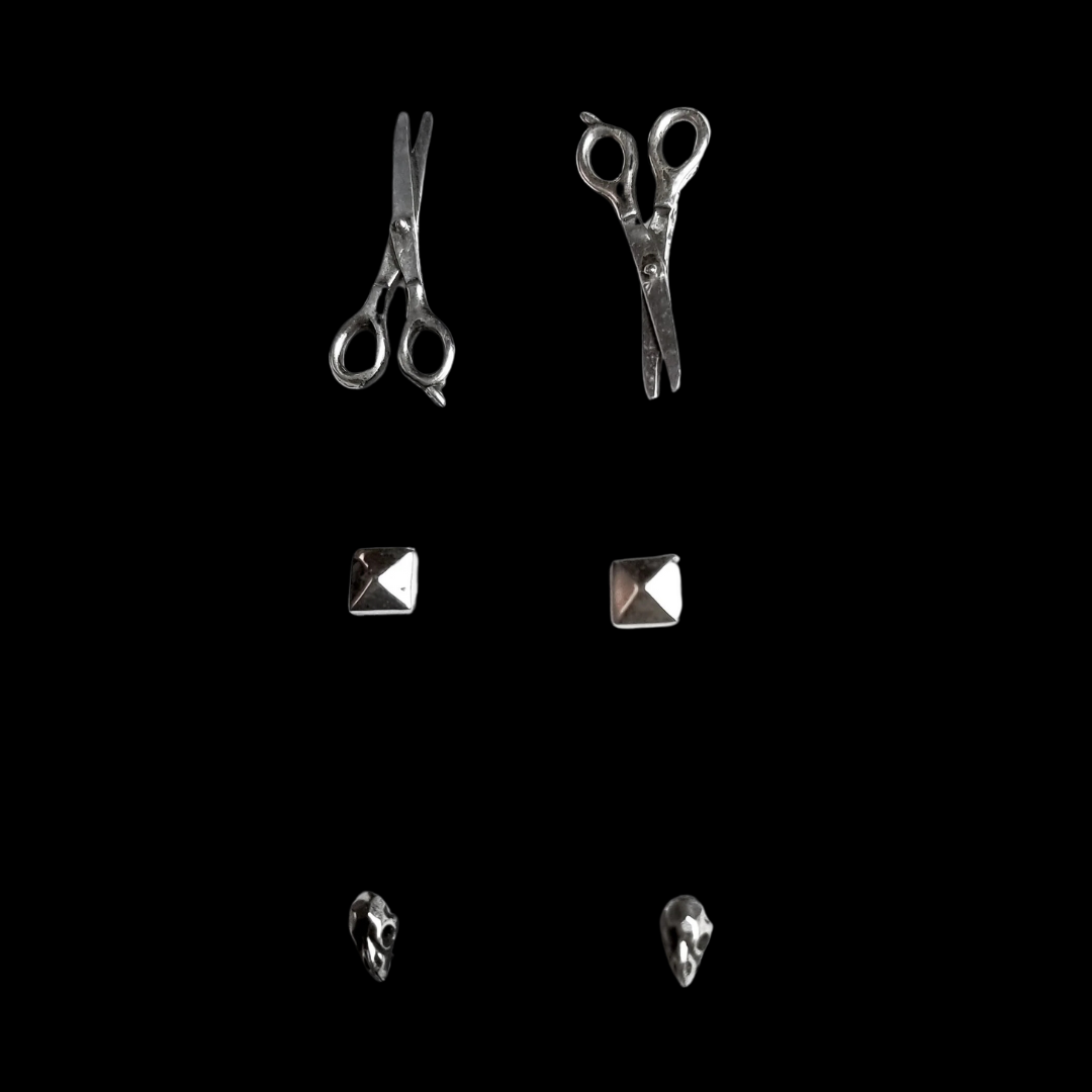 Collection of Set of 3 Pairs of Earrings - Bird Skull, Scissors & Pyramid Studs - Inchoo Bijoux in a gallery layout