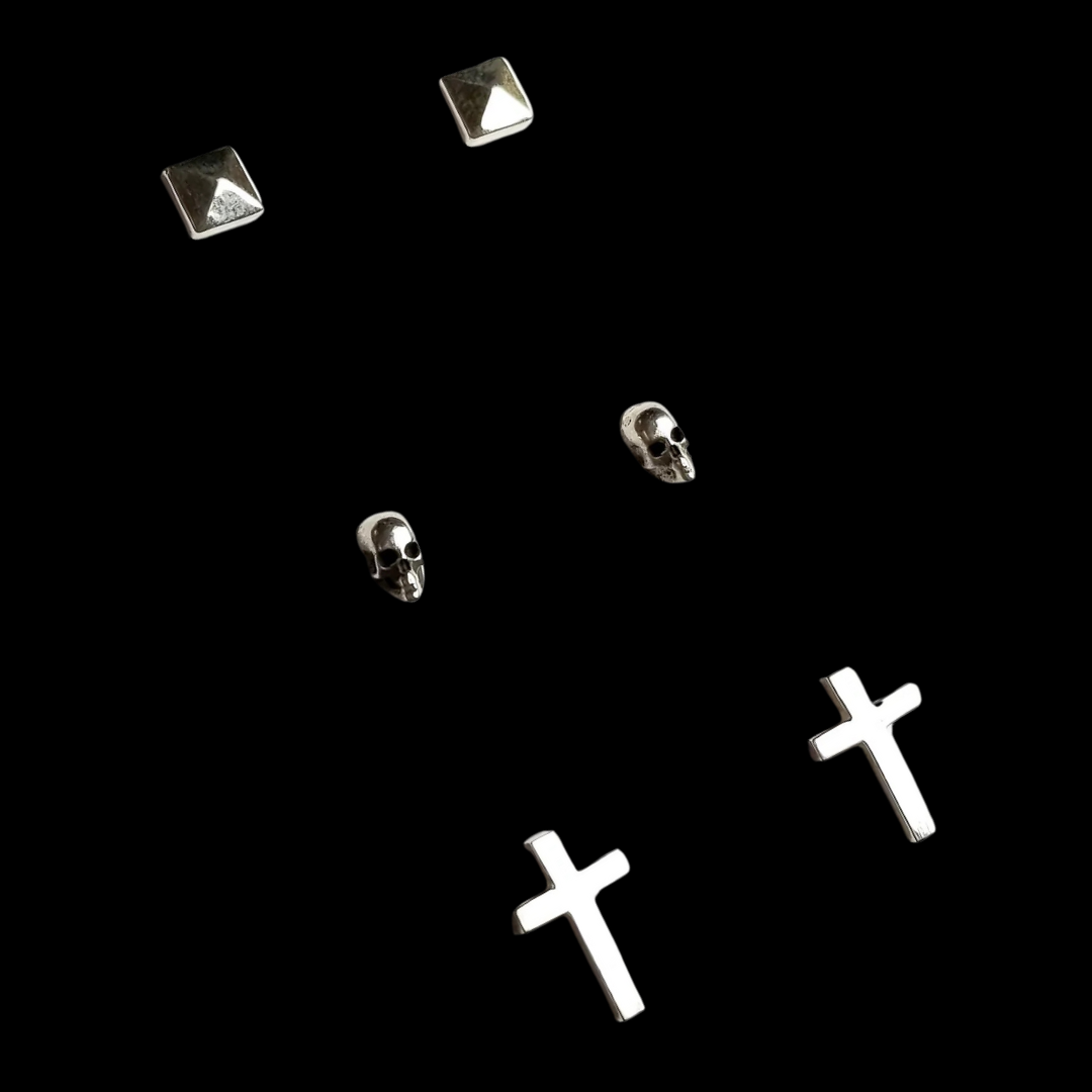 Collection of Set of 3 Pairs of Earrings - Skull, Cross & Pyramid Studs - Inchoo Bijoux in a gallery layout