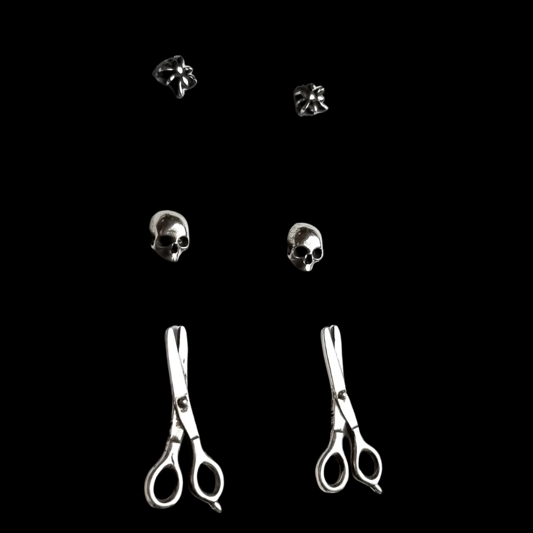 Collection of Set of 3 Pairs of Earrings - Spider, Scissors & Skull Studs - Inchoo Bijoux in a gallery layout