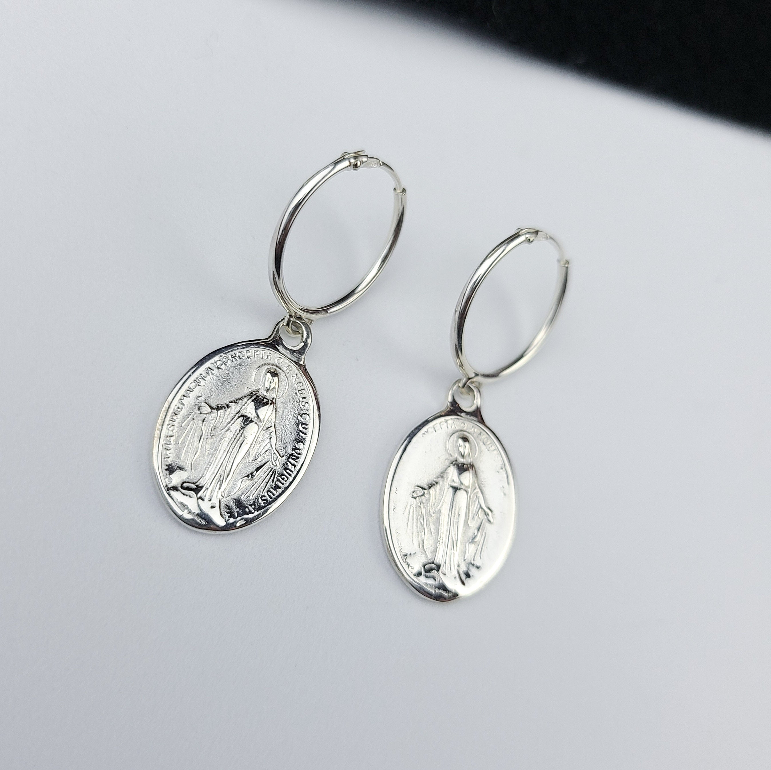 Oval Virgin Mary Medallion Hoop Earrings