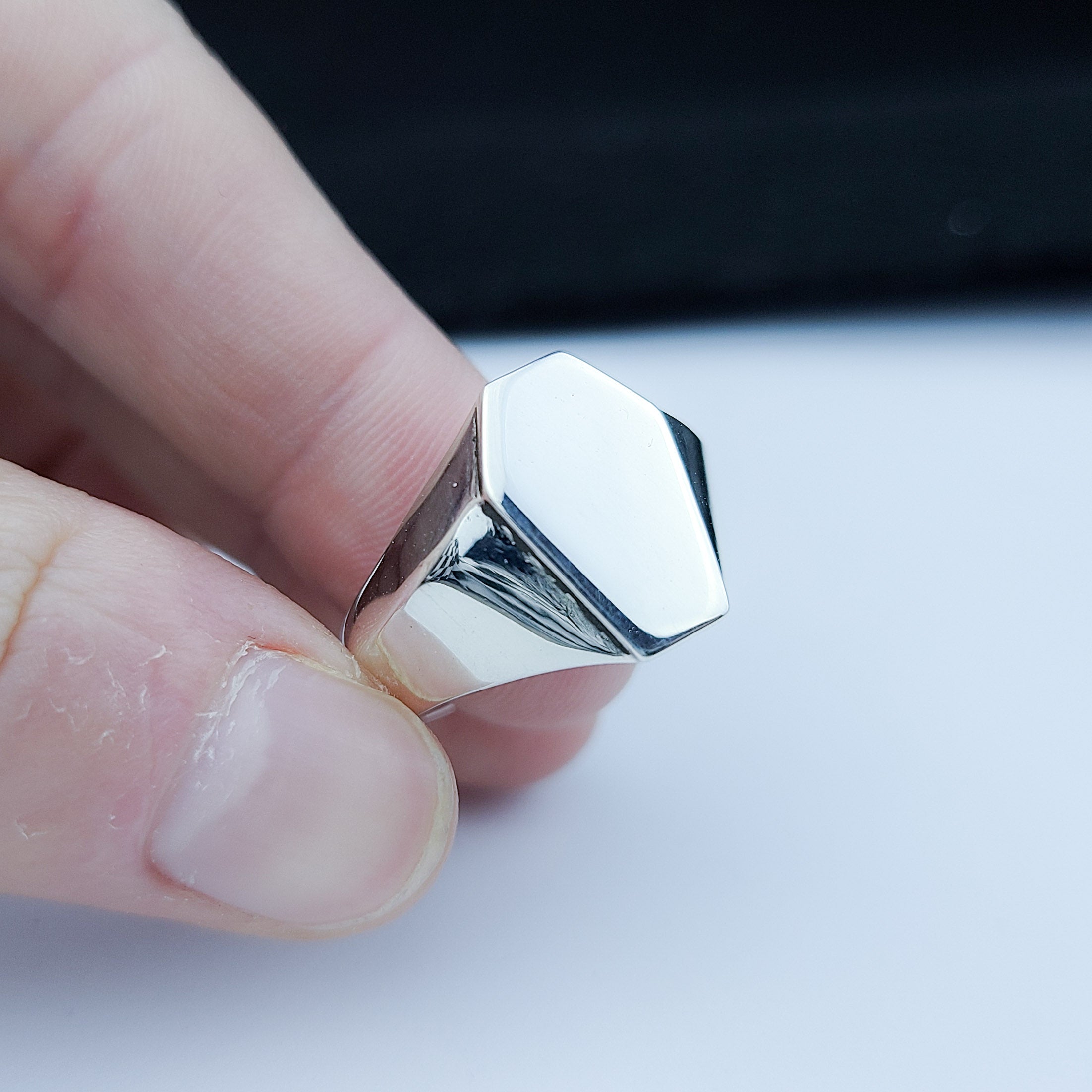 Collection of Silver Big Coffin Signet Wedding Band in a gallery layout