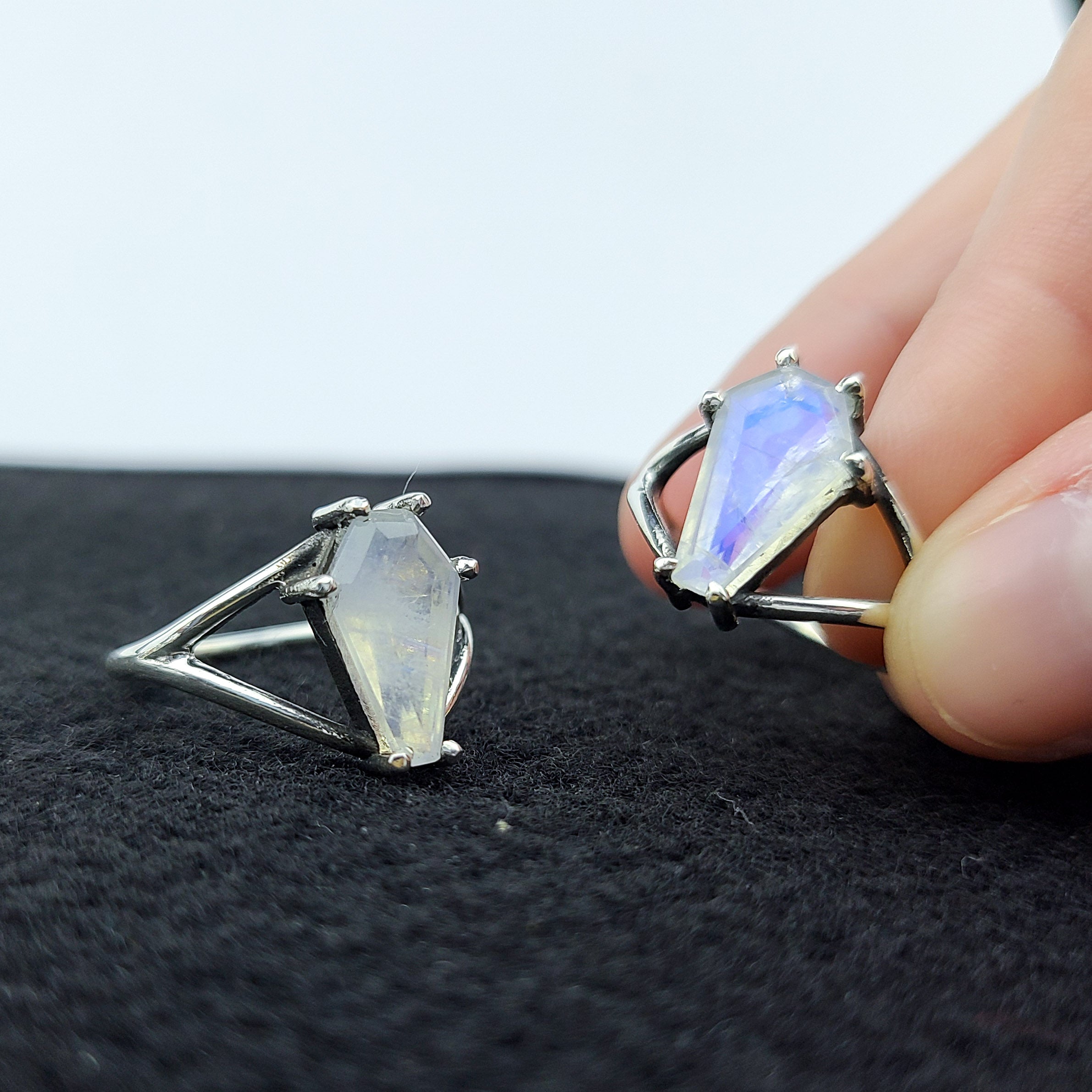 Collection of Big Rainbow Moonstone Coffin Ring in a gallery layout