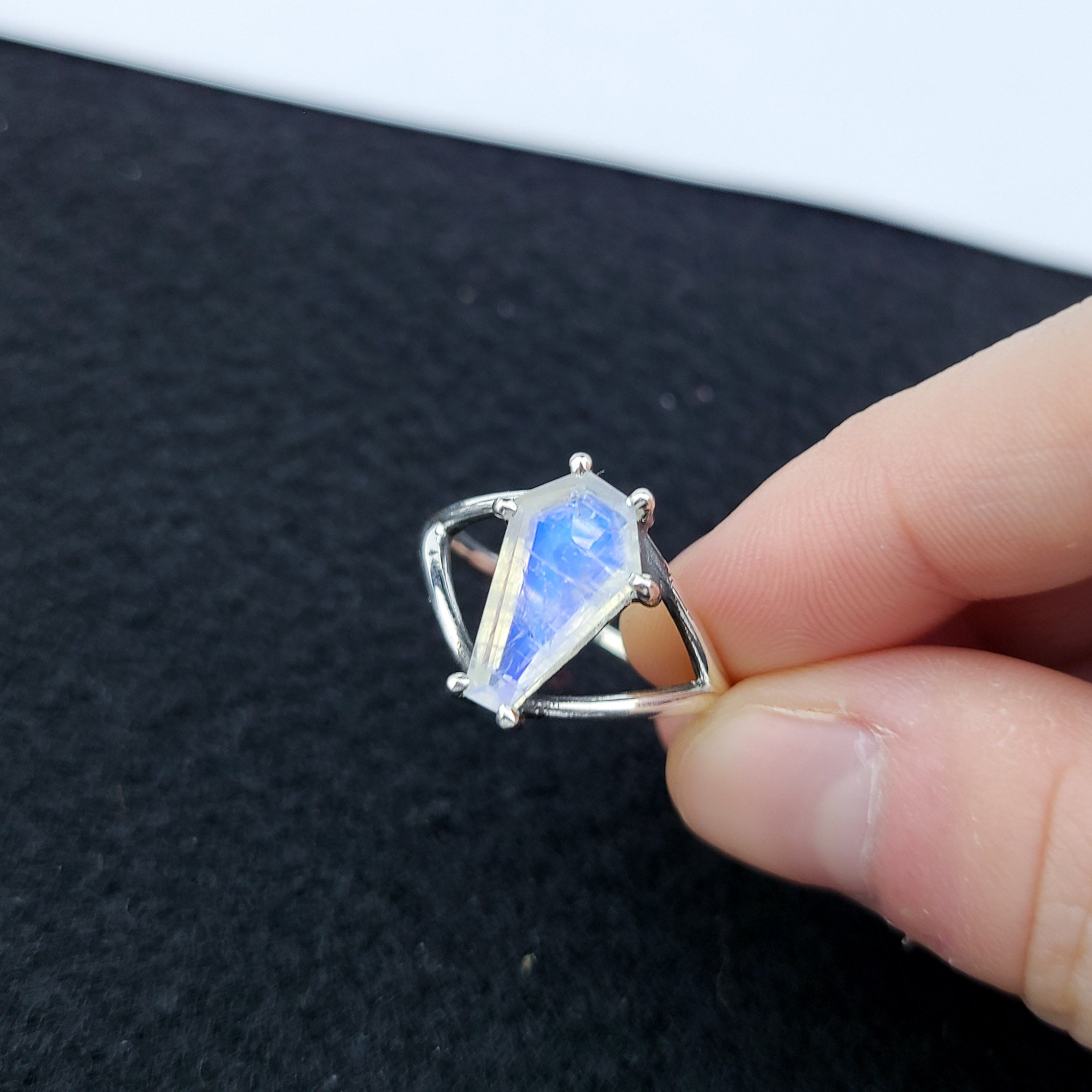 Collection of Big Rainbow Moonstone Coffin Ring in a gallery layout