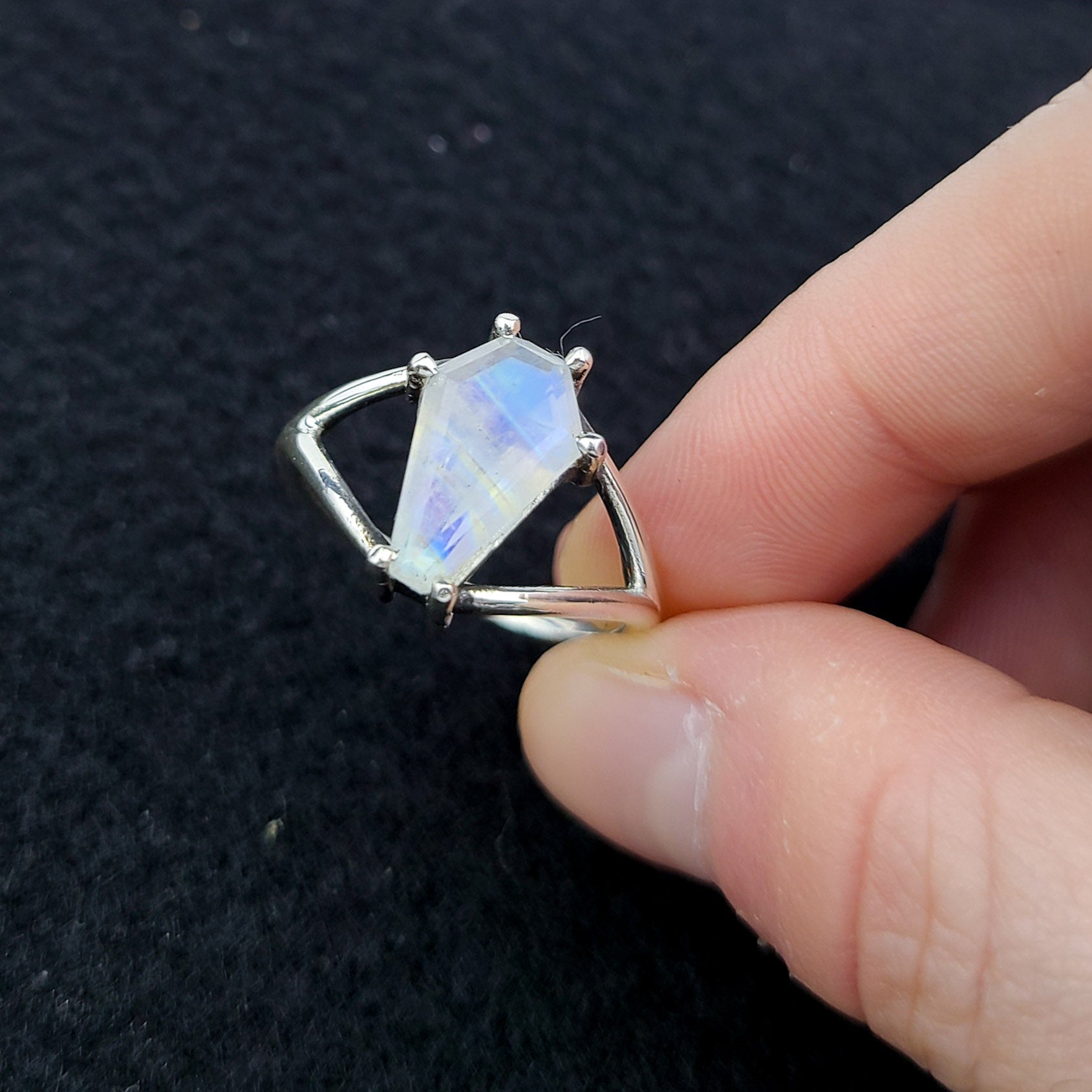 Collection of Big Rainbow Moonstone Coffin Ring in a gallery layout