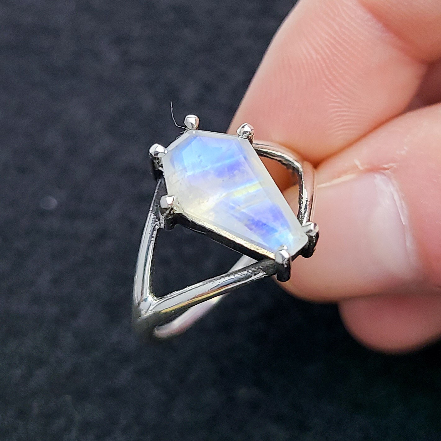 Collection of Big Rainbow Moonstone Coffin Ring in a gallery layout