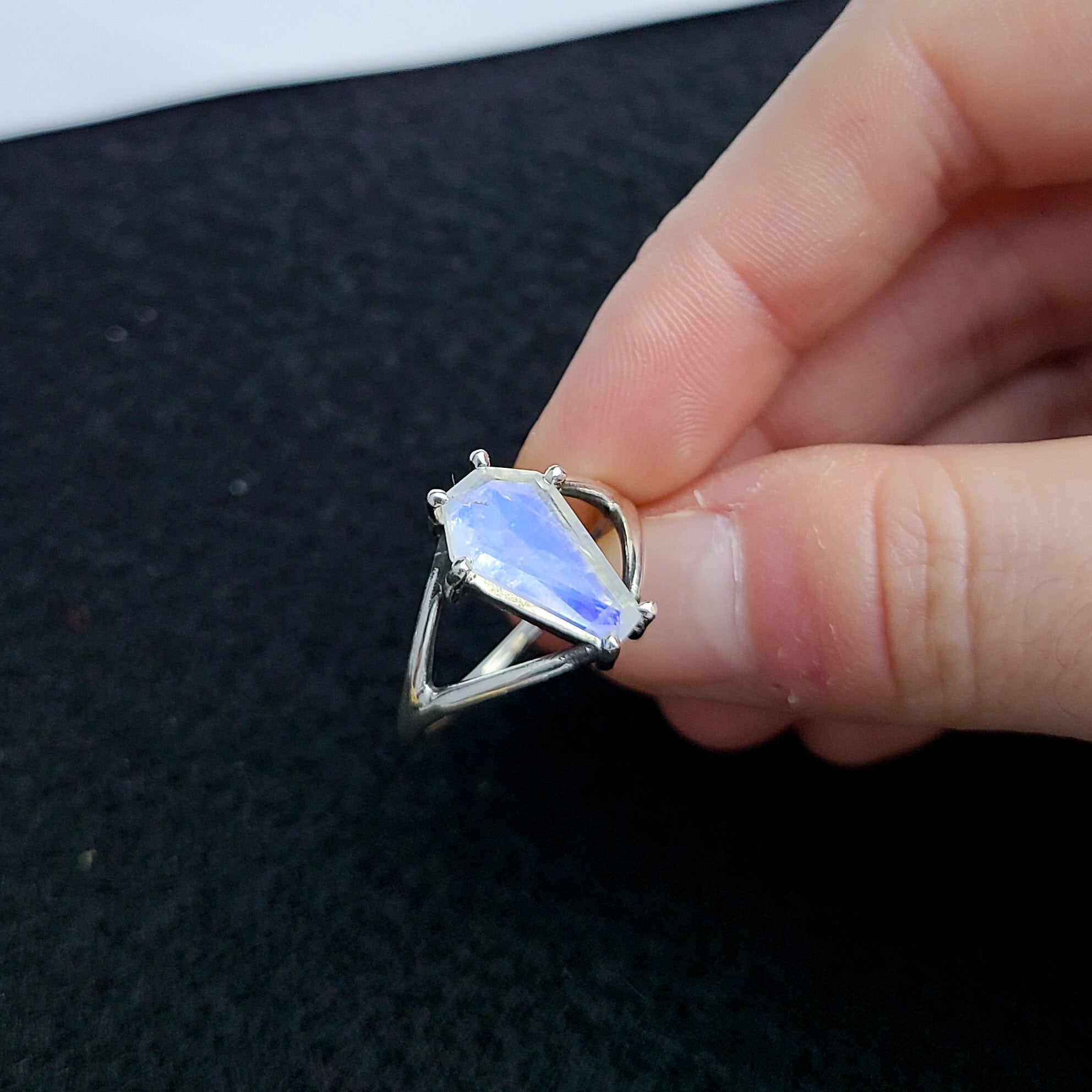 Rainbow Moonstone Coffin Ring with Baroque Lace Stacking Ring Combo