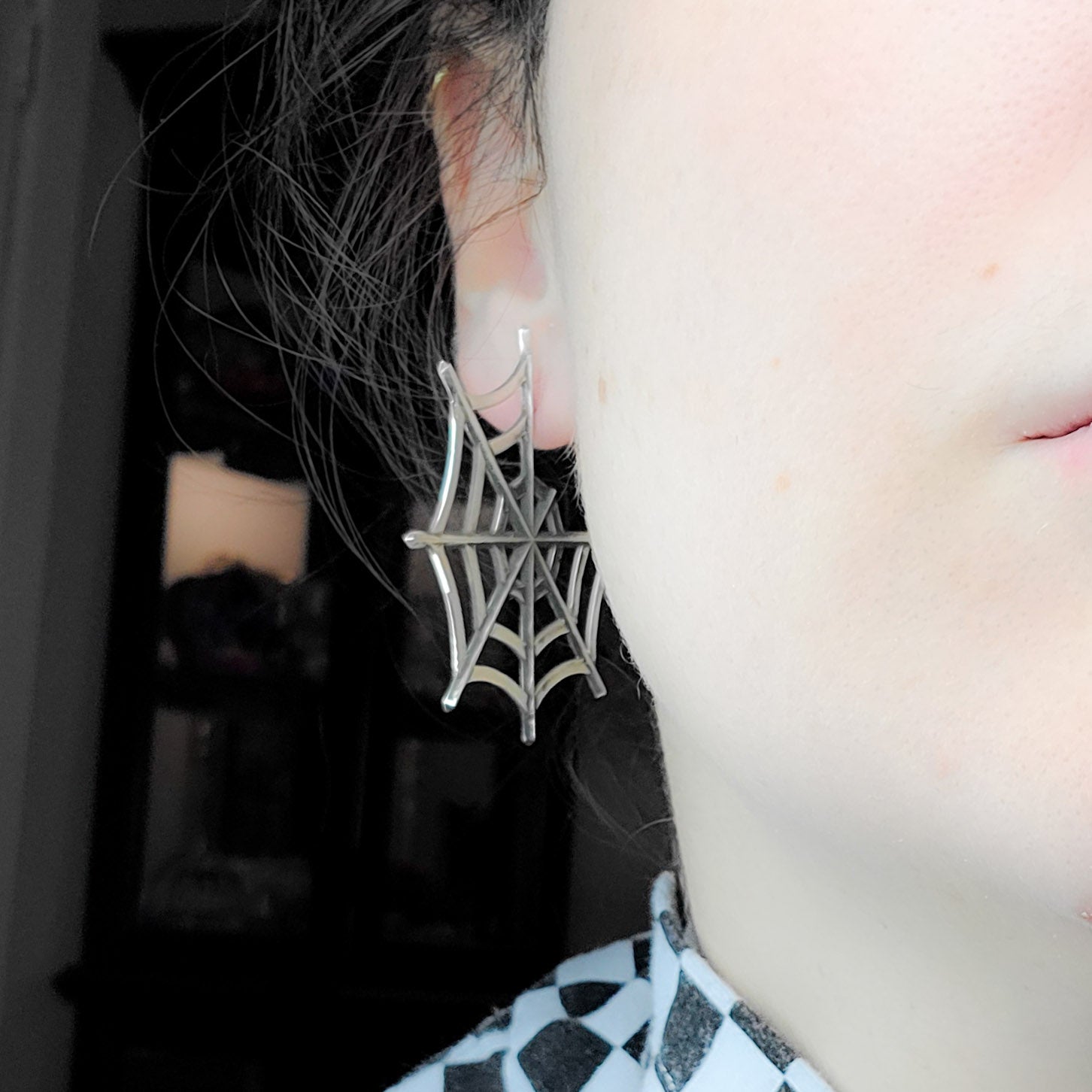 Collection of Silver Big Spider Web Hoops Earrings in a gallery layout