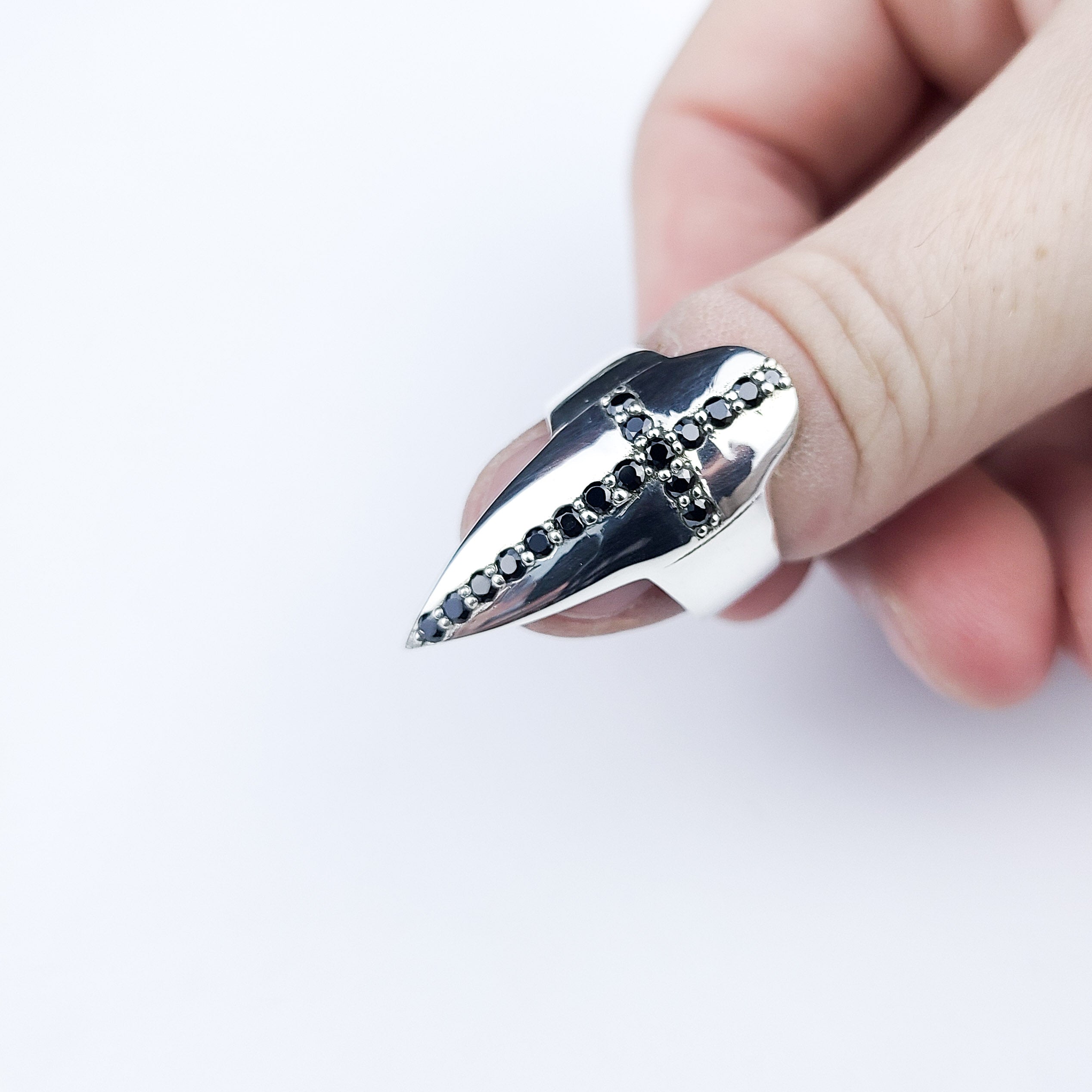 Collection of Black Diamond Cross Fake Nail Ring Claw in a gallery layout