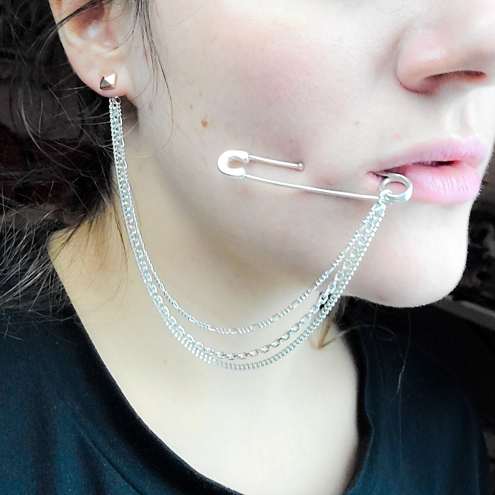 Collection of Bold FAKE Cheek Piercing Safety Pin in a gallery layout