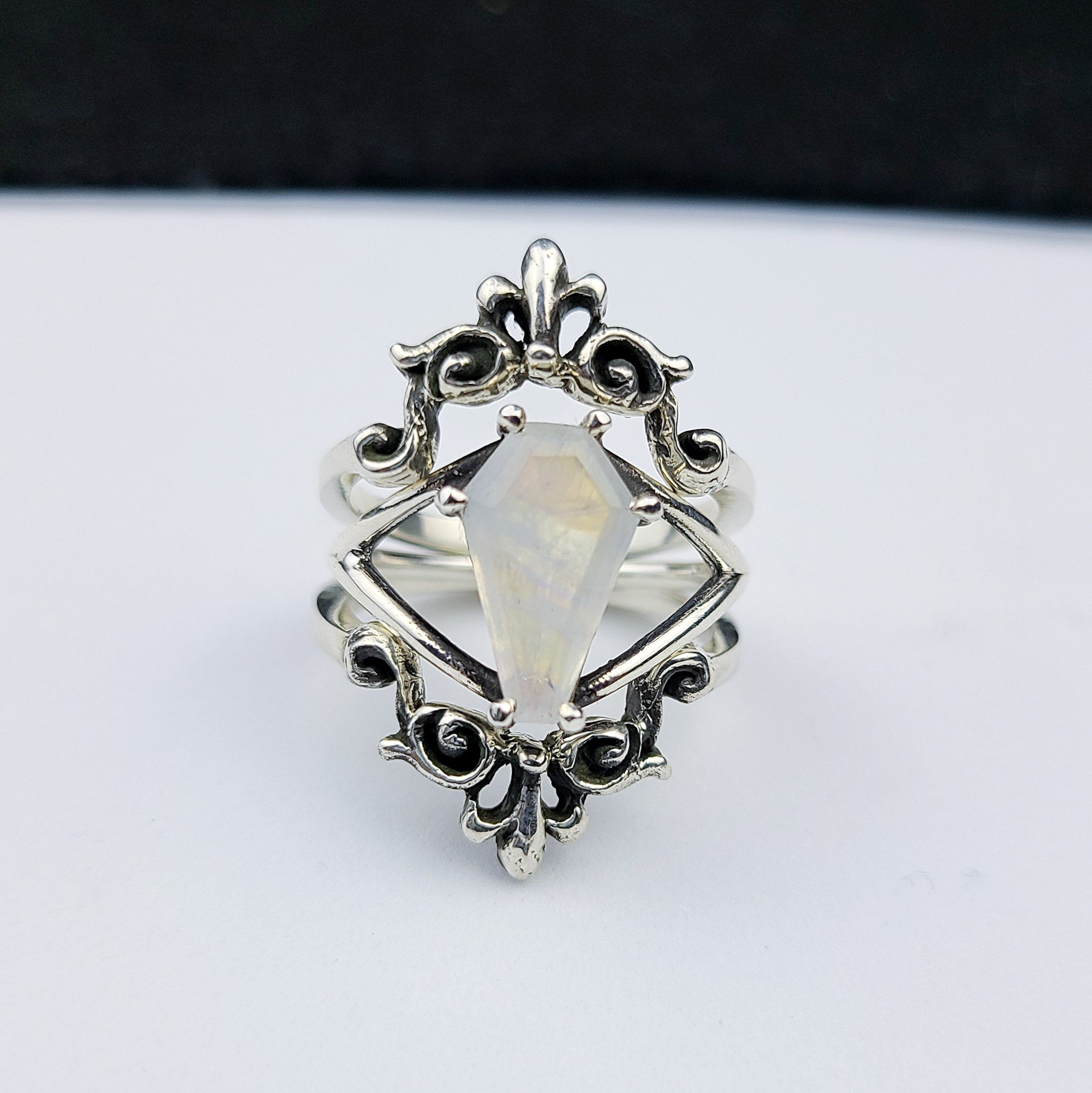 Collection of Rainbow Moonstone Coffin Ring with Baroque Lace Stacking Ring Combo in a gallery layout