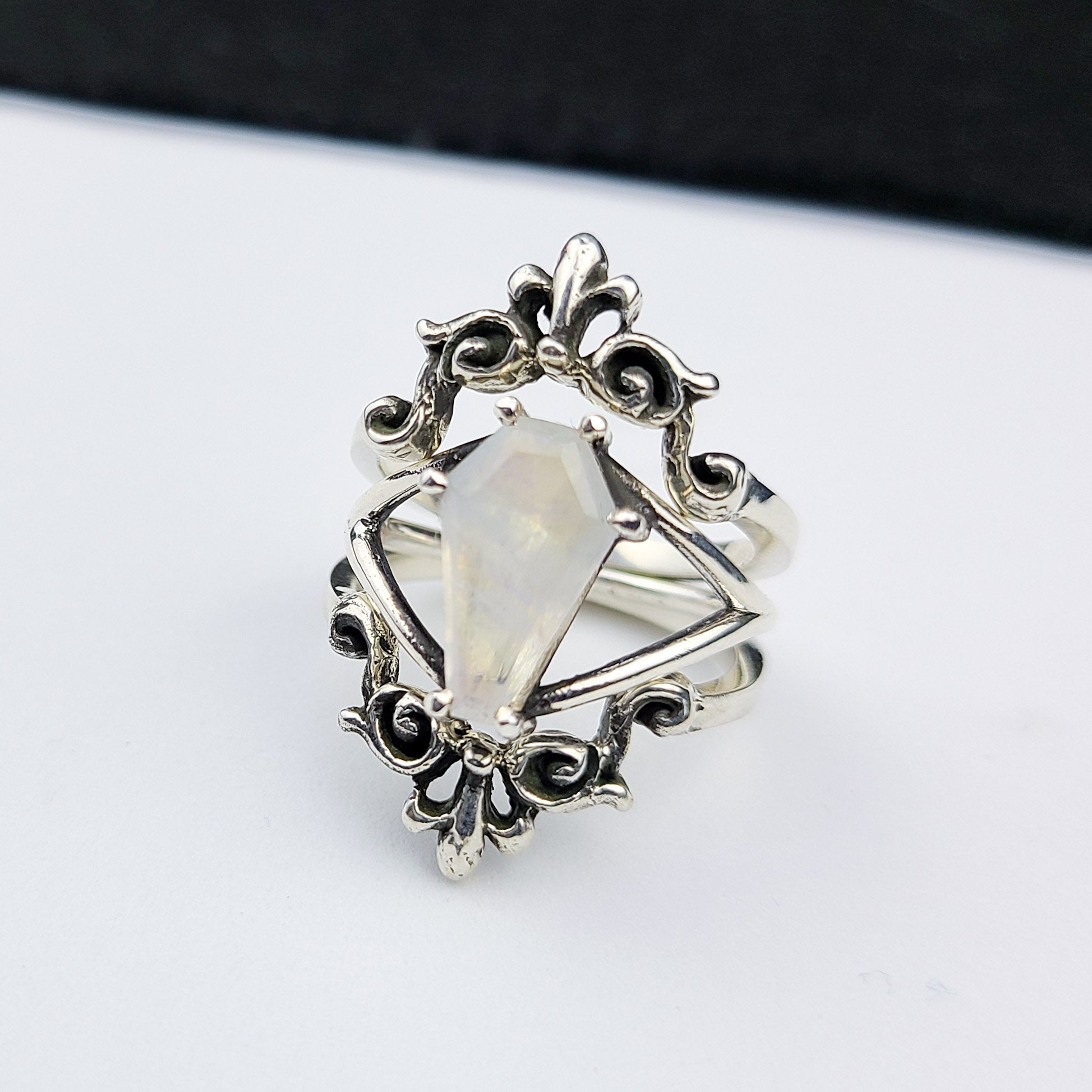 Collection of Rainbow Moonstone Coffin Ring with Baroque Lace Stacking Ring Combo in a gallery layout