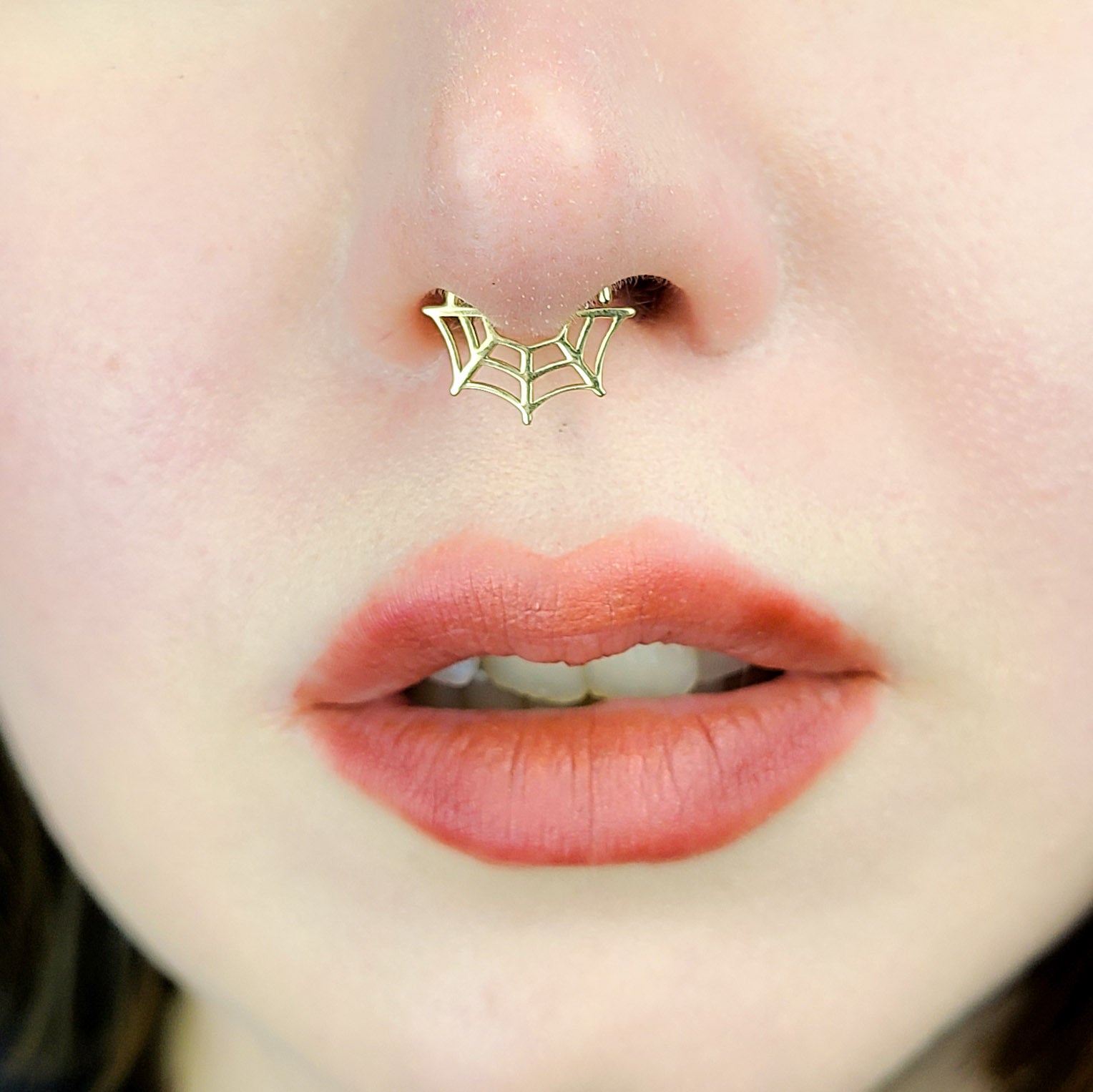 Collection of 10K - 14K Yellow Gold Spider Web Nose Ring Septum Piercing Halloween in a gallery layout