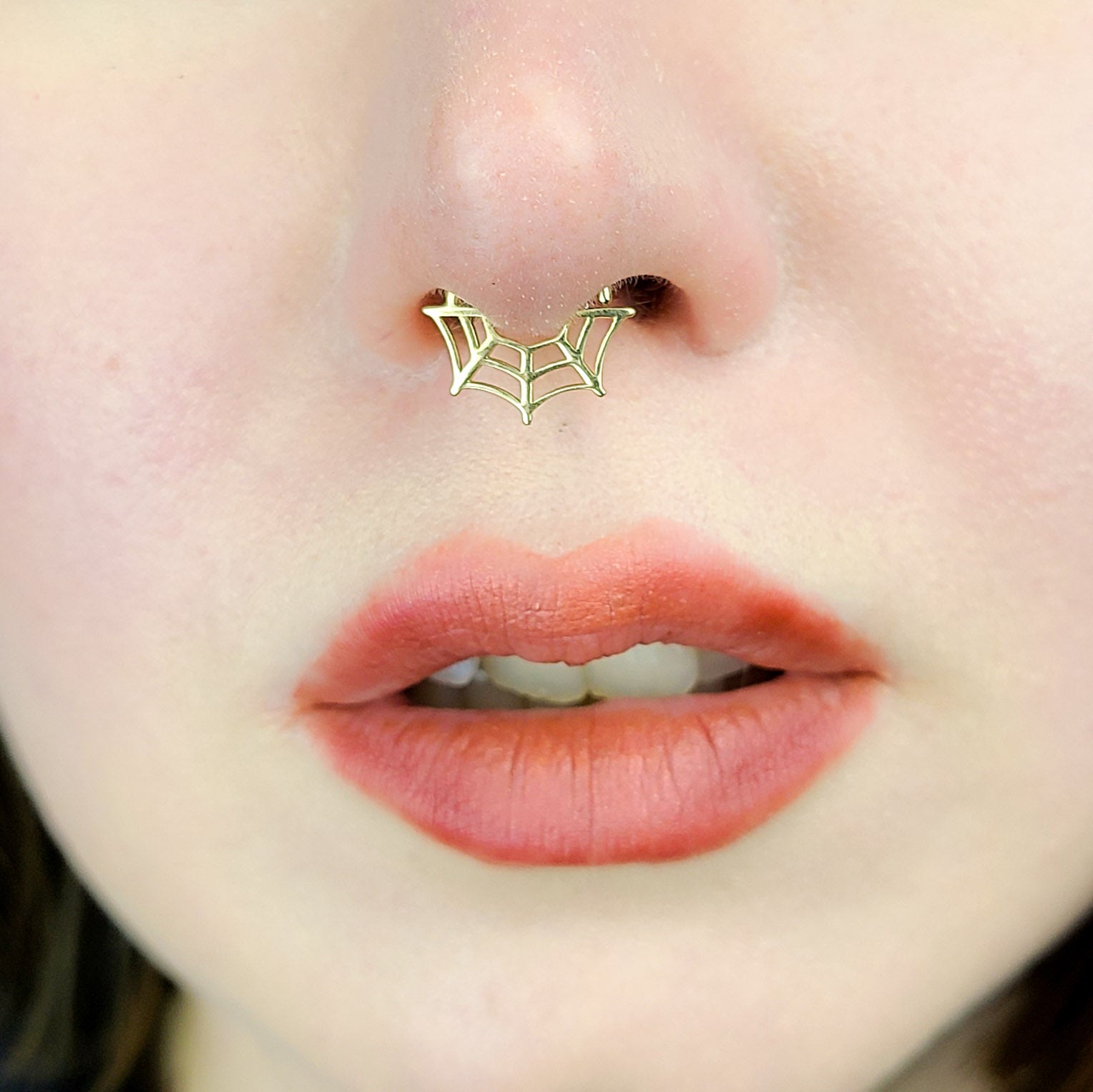 10K - 14K Yellow Gold Spider Web Nose Ring Septum Piercing Halloween