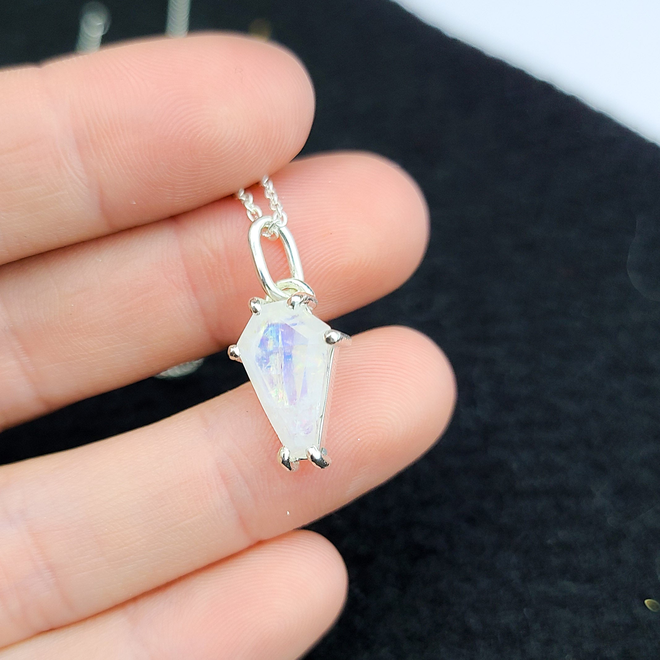 Collection of Rainbow Moonstone Coffin Necklace Pendant (8x13) in a gallery layout