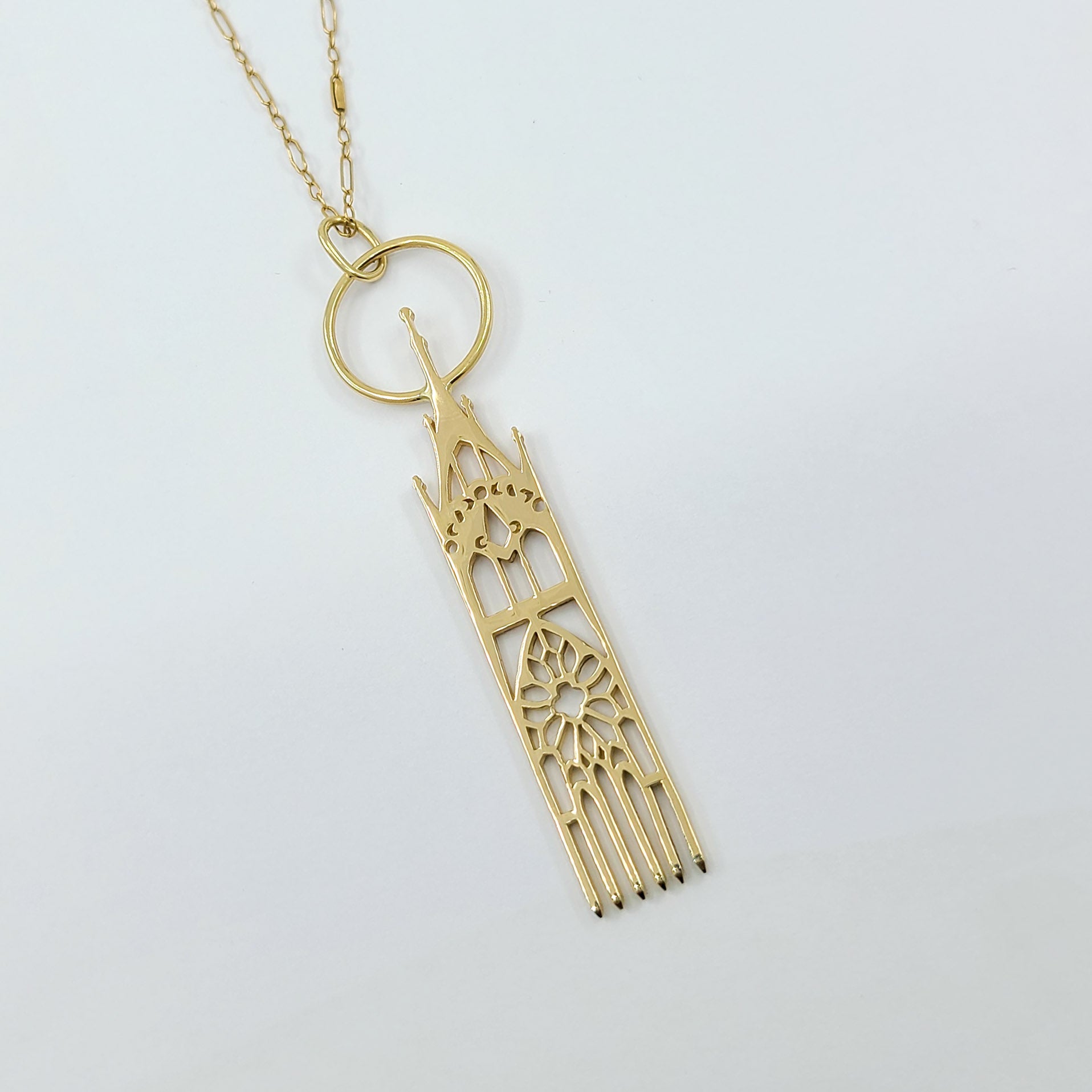 Collection of 10K 14K Yellow Gold Moon Cathedral Pendant in a gallery layout