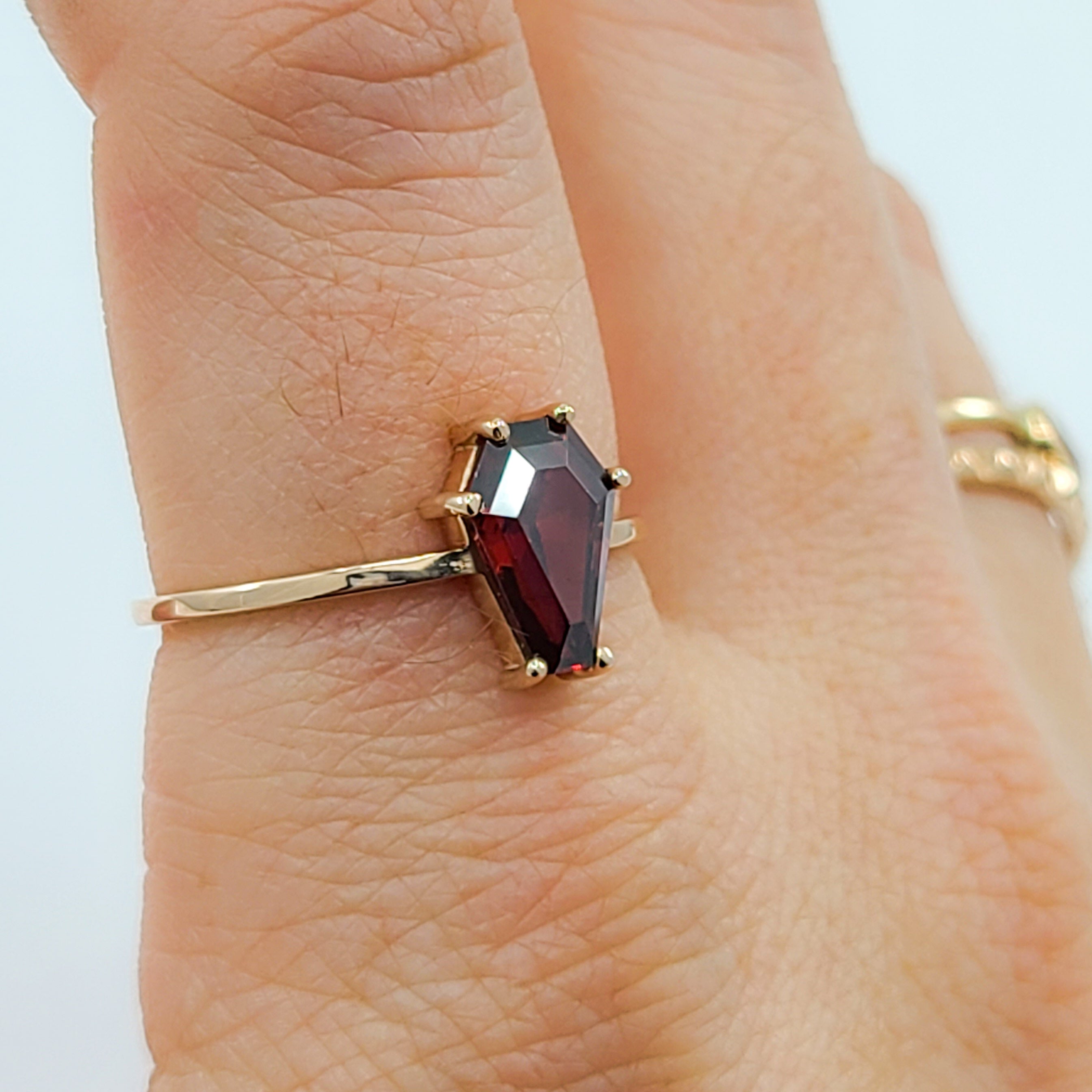 Collection of Blood Red Coffin Ring, 14K Rose Gold Engagement Ring (6x9) in a gallery layout