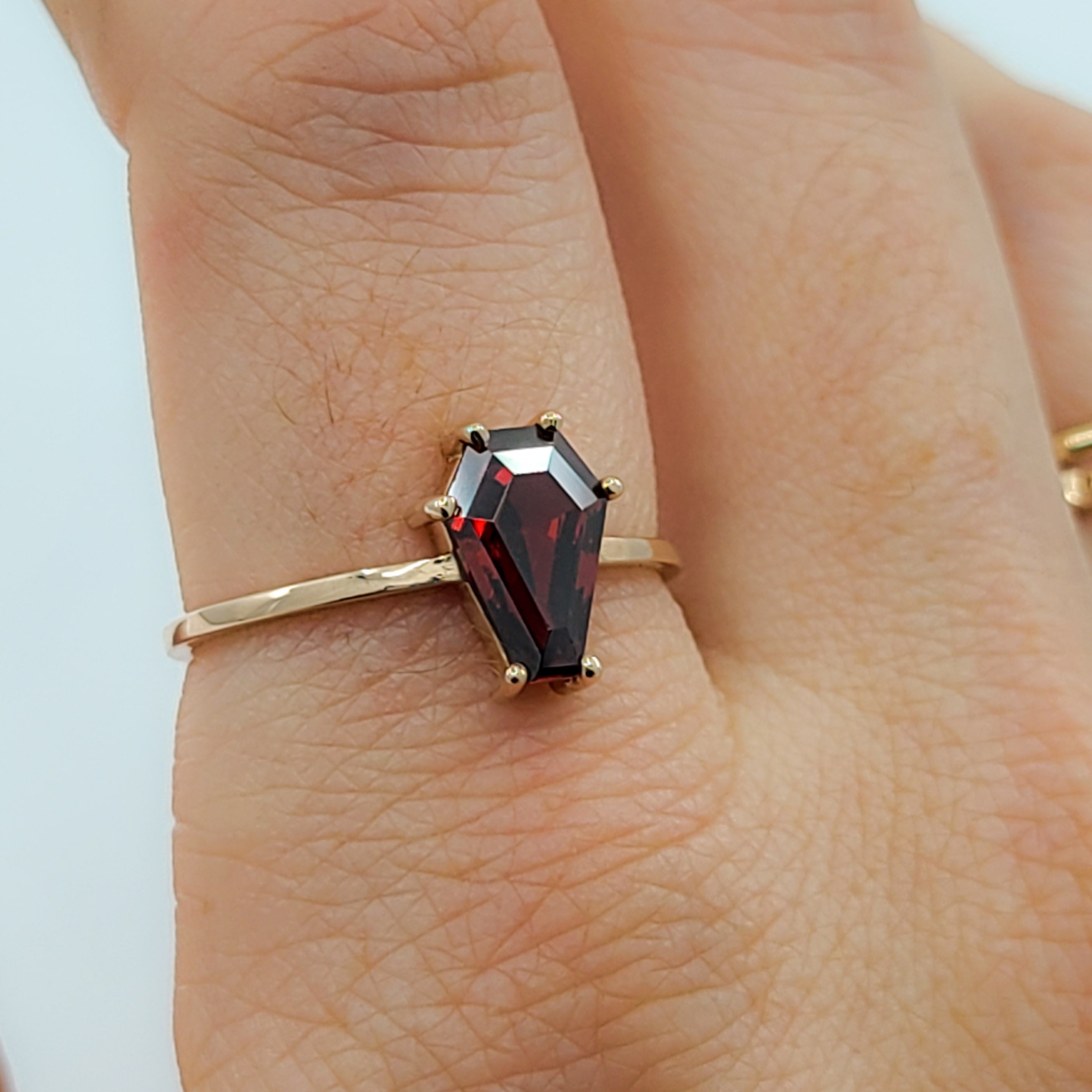 Collection of Blood Red Coffin Ring, 14K Rose Gold Engagement Ring (6x9) in a gallery layout