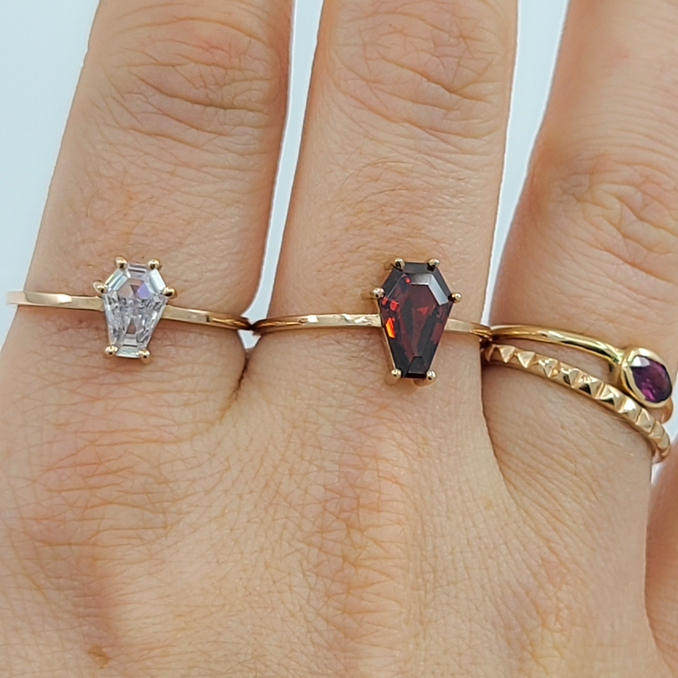 Collection of Blood Red Coffin Ring, 14K Rose Gold Engagement Ring (6x9) in a gallery layout