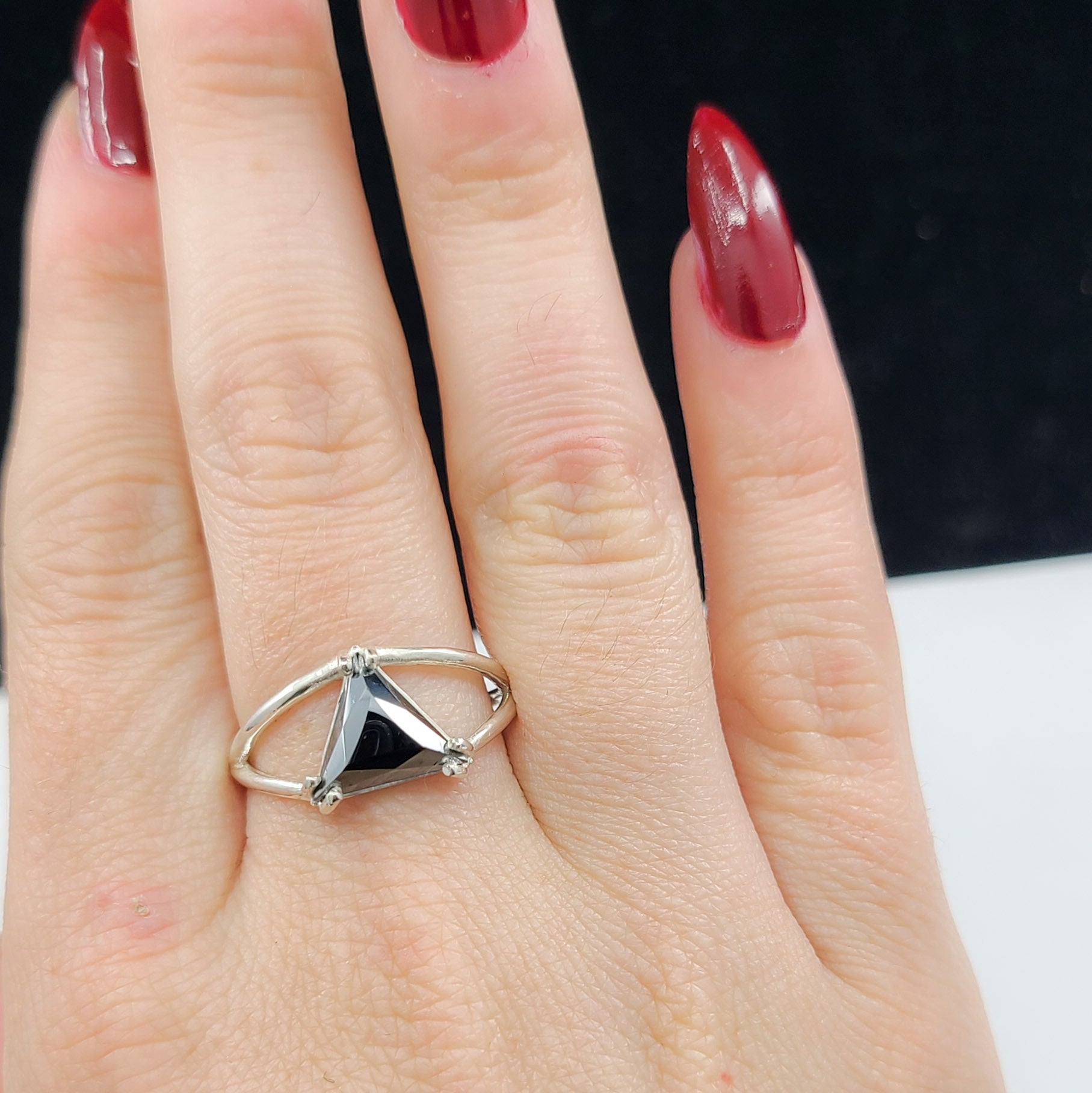 Collection of Sparkling Hematite Triangle Ring in a gallery layout