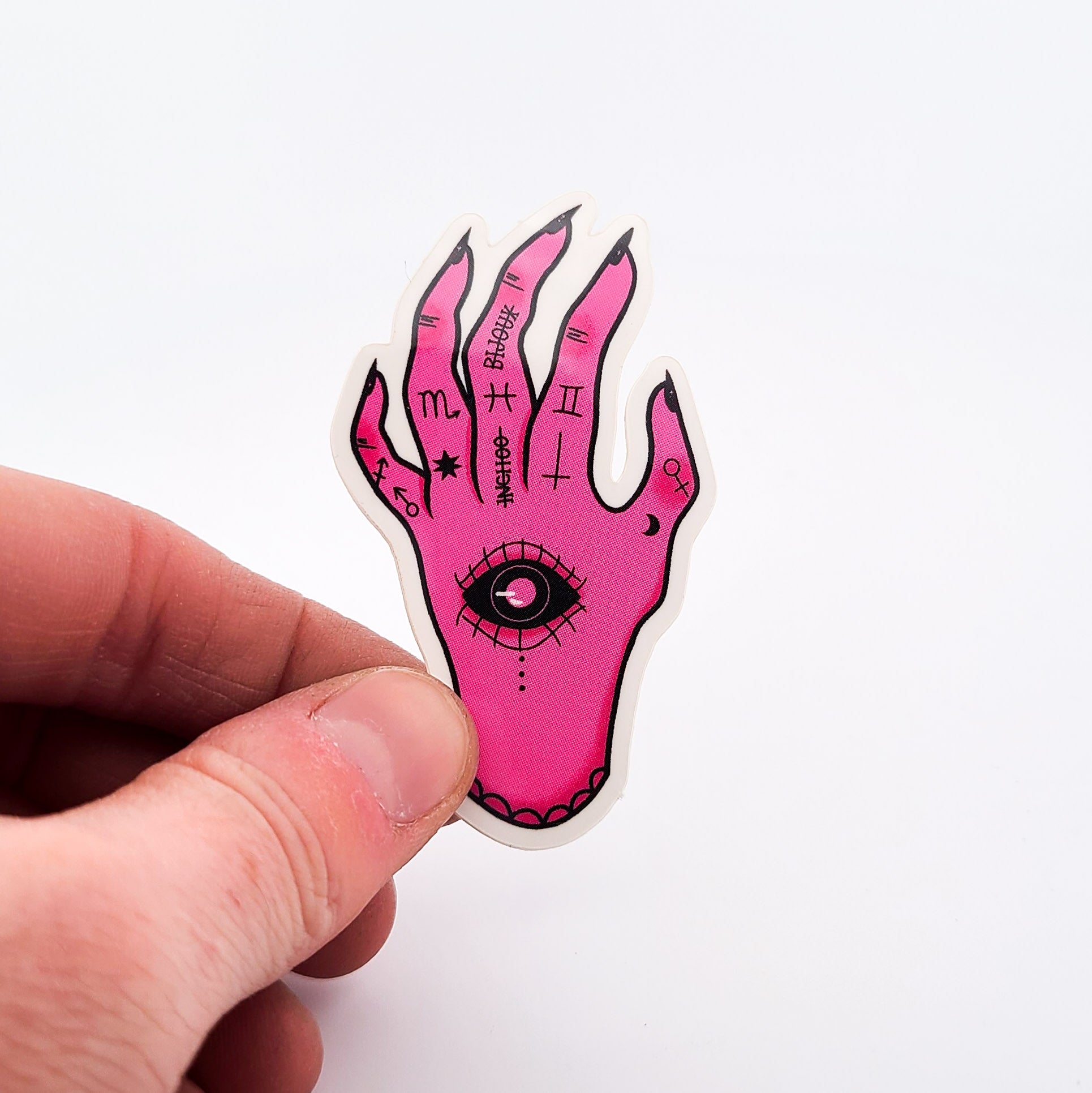 Collection of Pink Evil Eye Protector Palmistry Hand Vinyl Sticker in a gallery layout