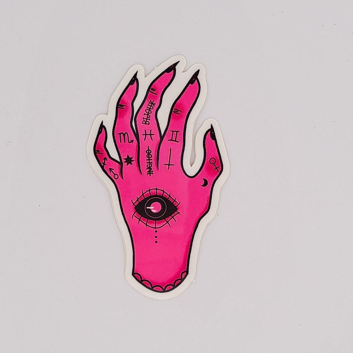 Collection of Pink Evil Eye Protector Palmistry Hand Vinyl Sticker in a gallery layout