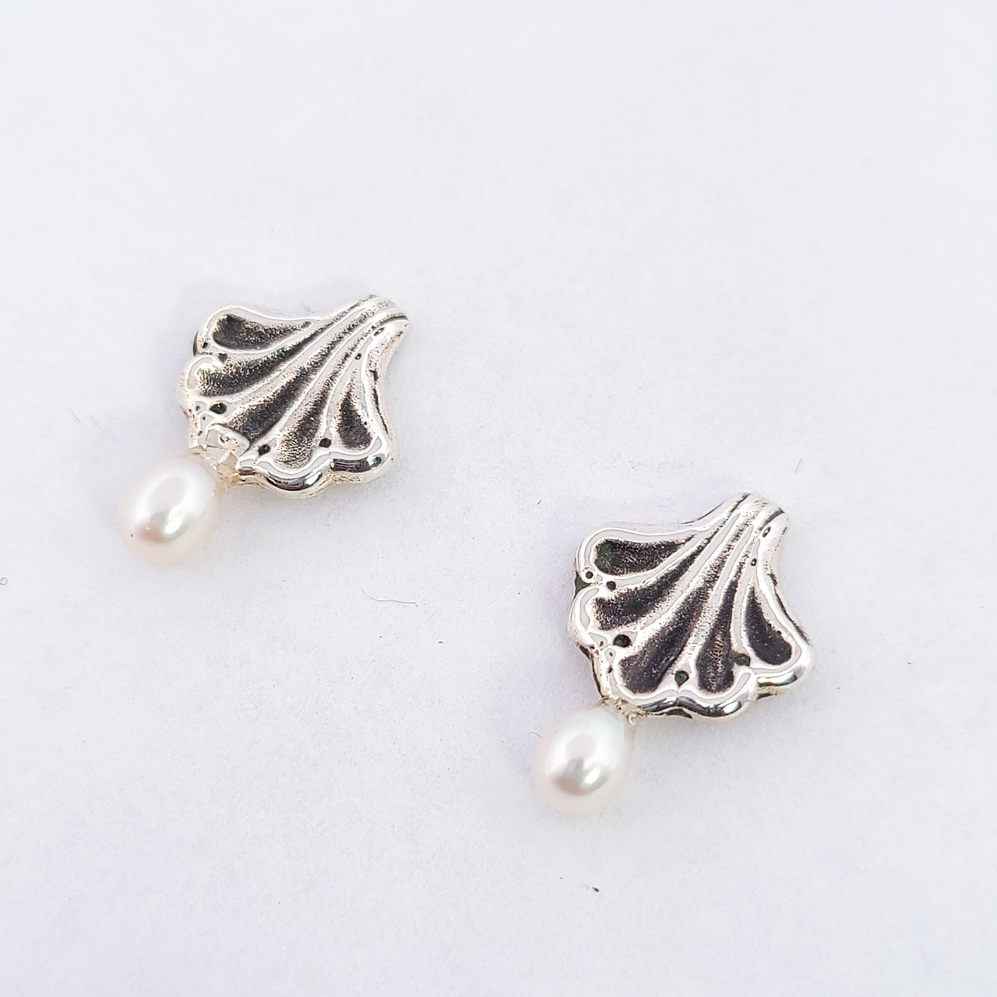 Collection of Minimal Small Baroque Shell Earrings With White Pearls in a gallery layout