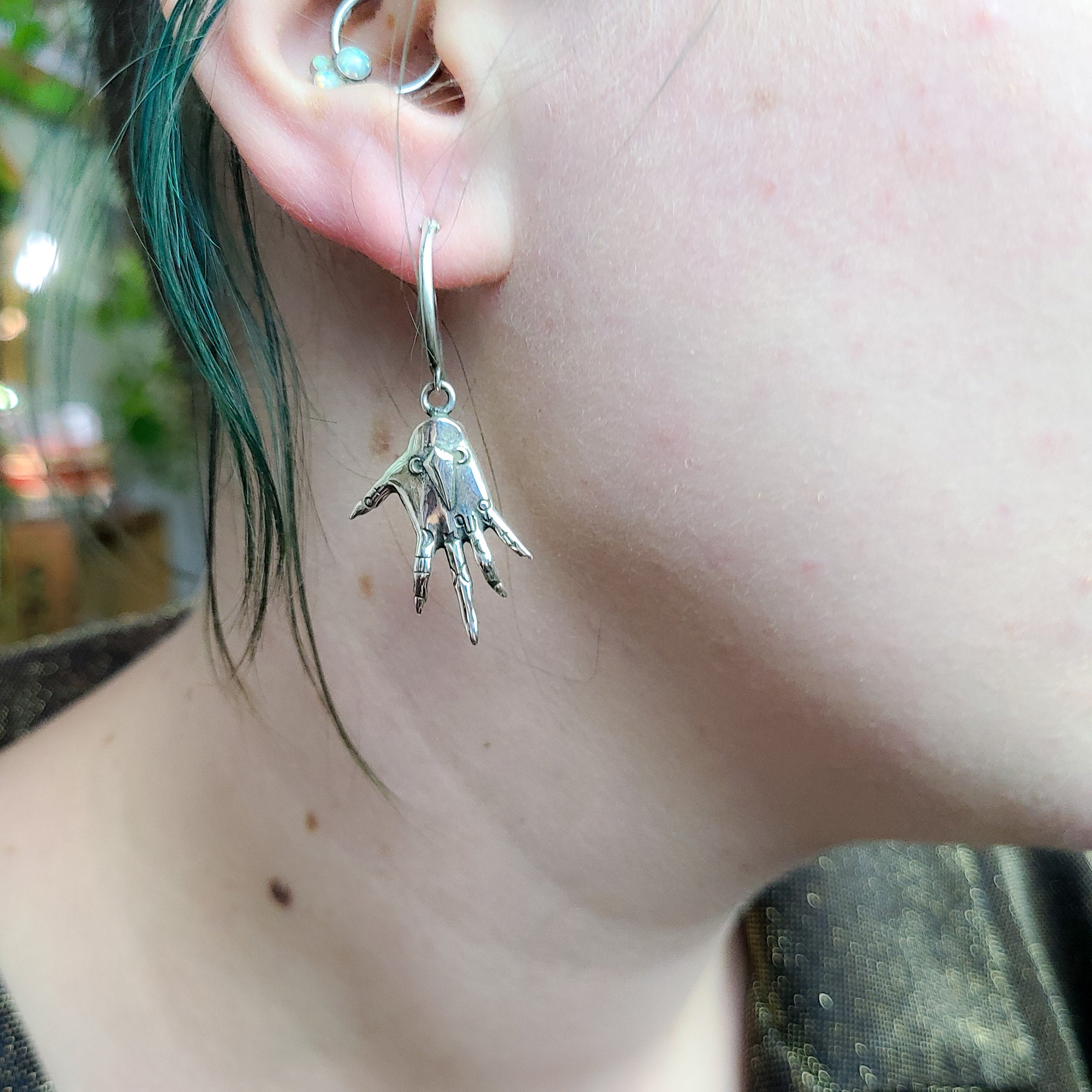 Collection of Palmistry Witch Hands Hoop Earrings in Sterling Silver in a gallery layout