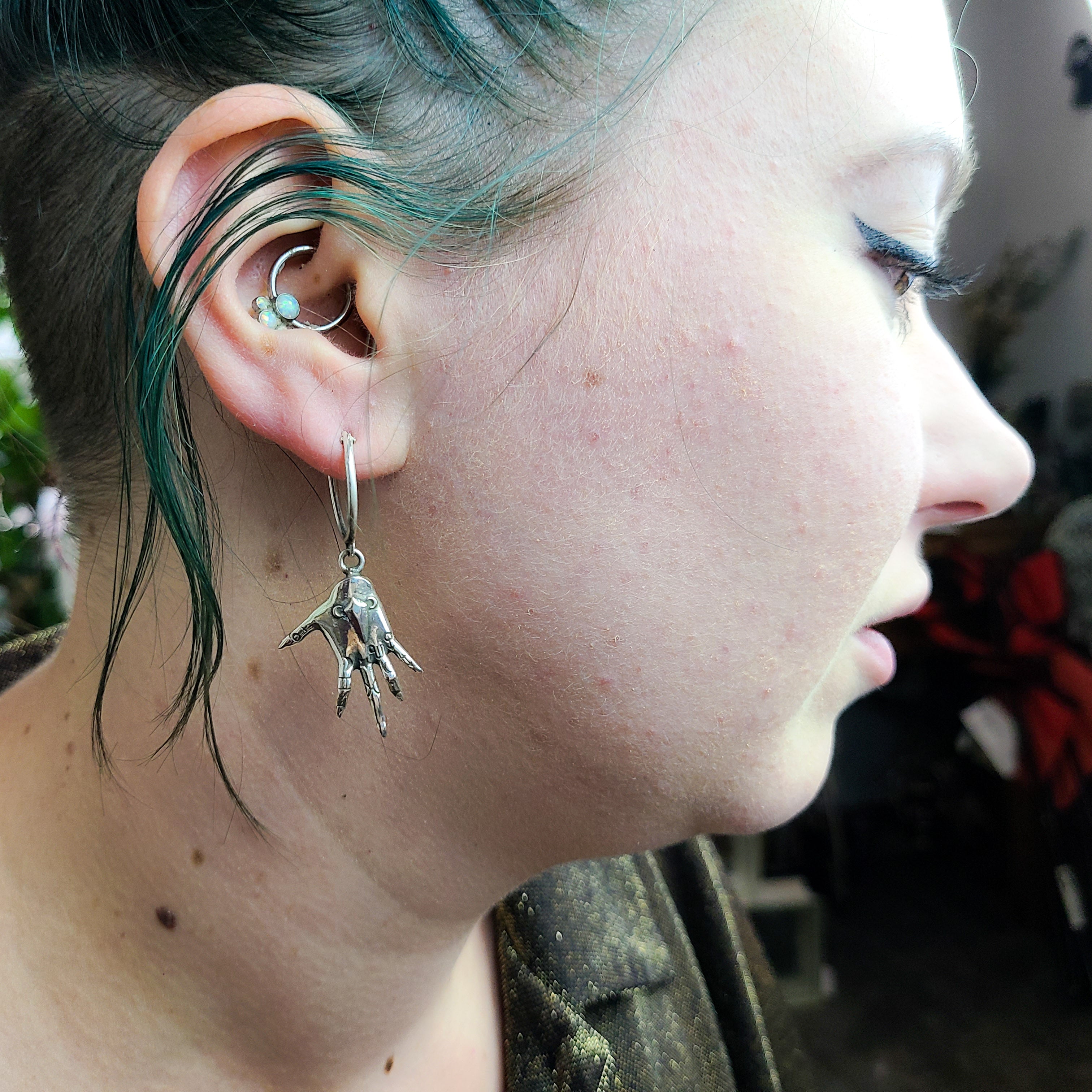 Collection of Palmistry Witch Hands Hoop Earrings in Sterling Silver in a gallery layout