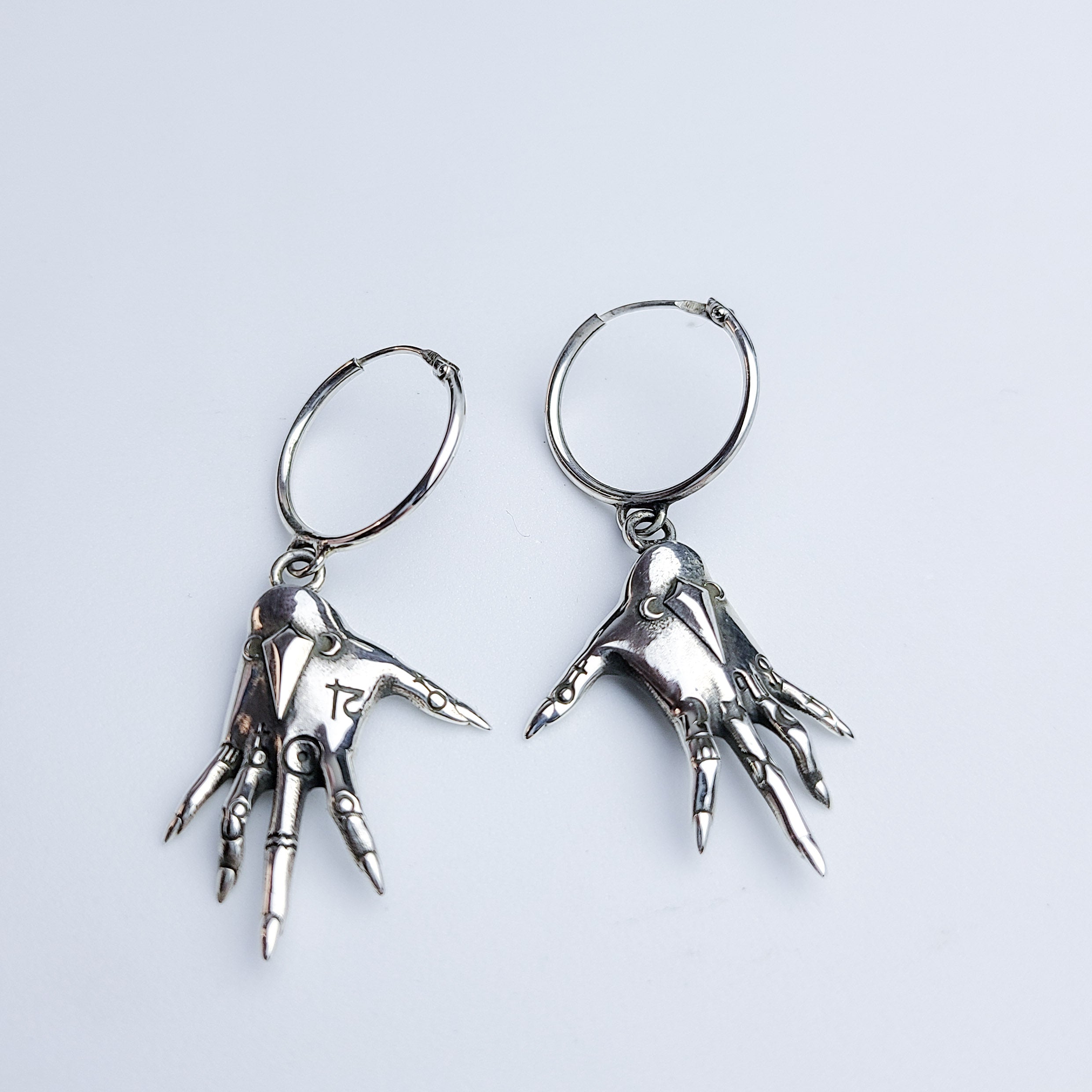 Collection of Palmistry Witch Hands Hoop Earrings in Sterling Silver in a gallery layout