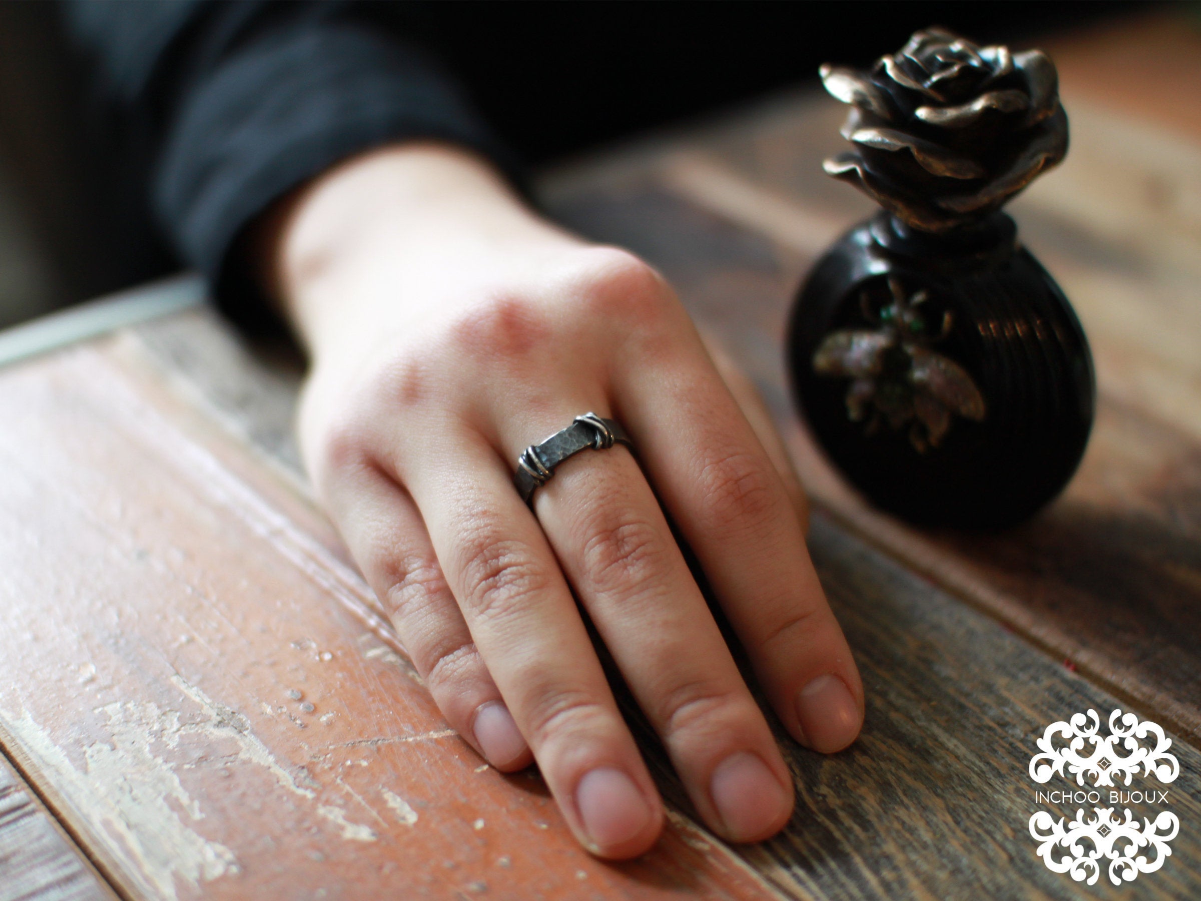 Collection of 5mm Hammered Silver Mens Wedding Band Ring - Inchoo Bijoux in a gallery layout