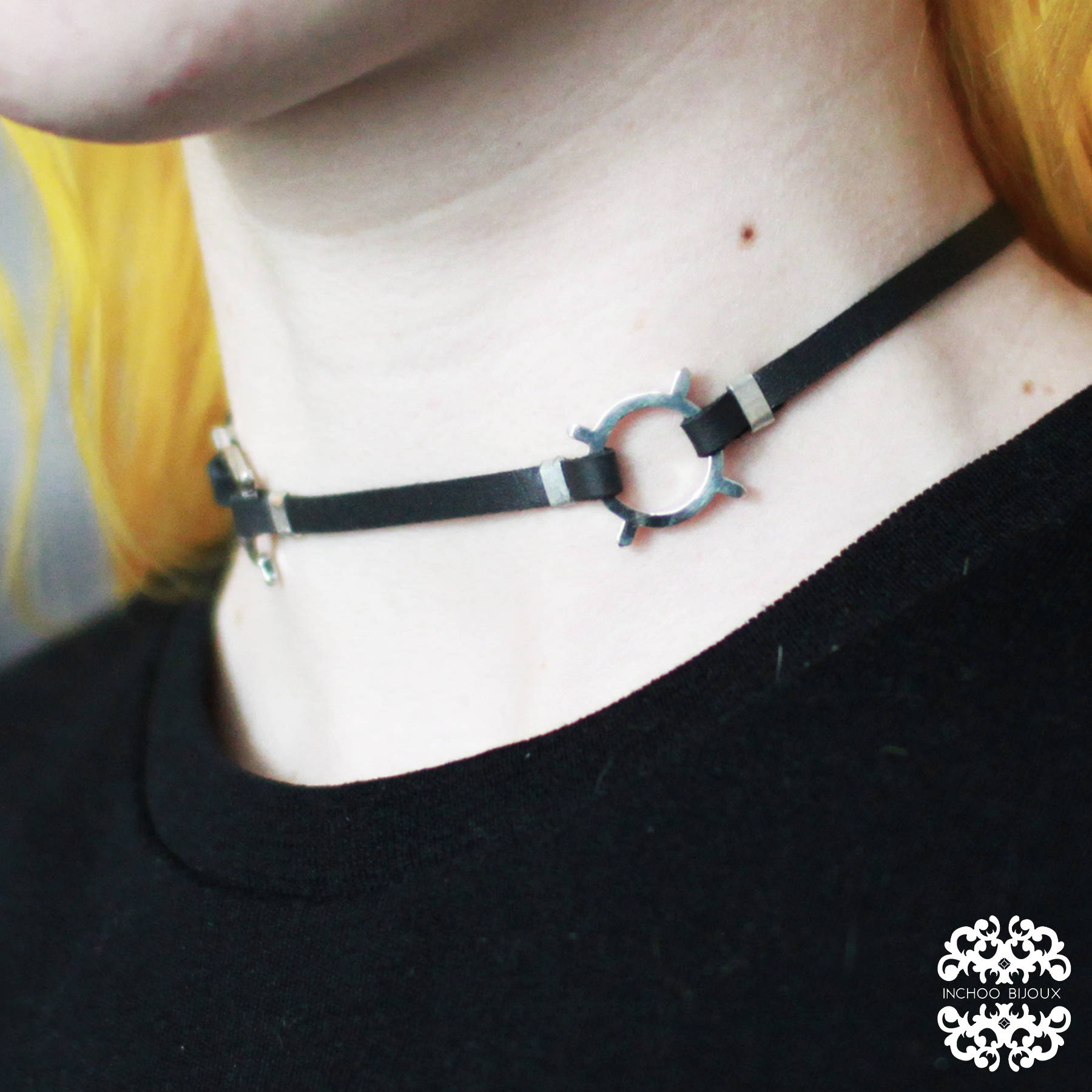 Collection of Black Leather O-Ring Choker Celestial Necklace - Inchoo Bijoux in a gallery layout