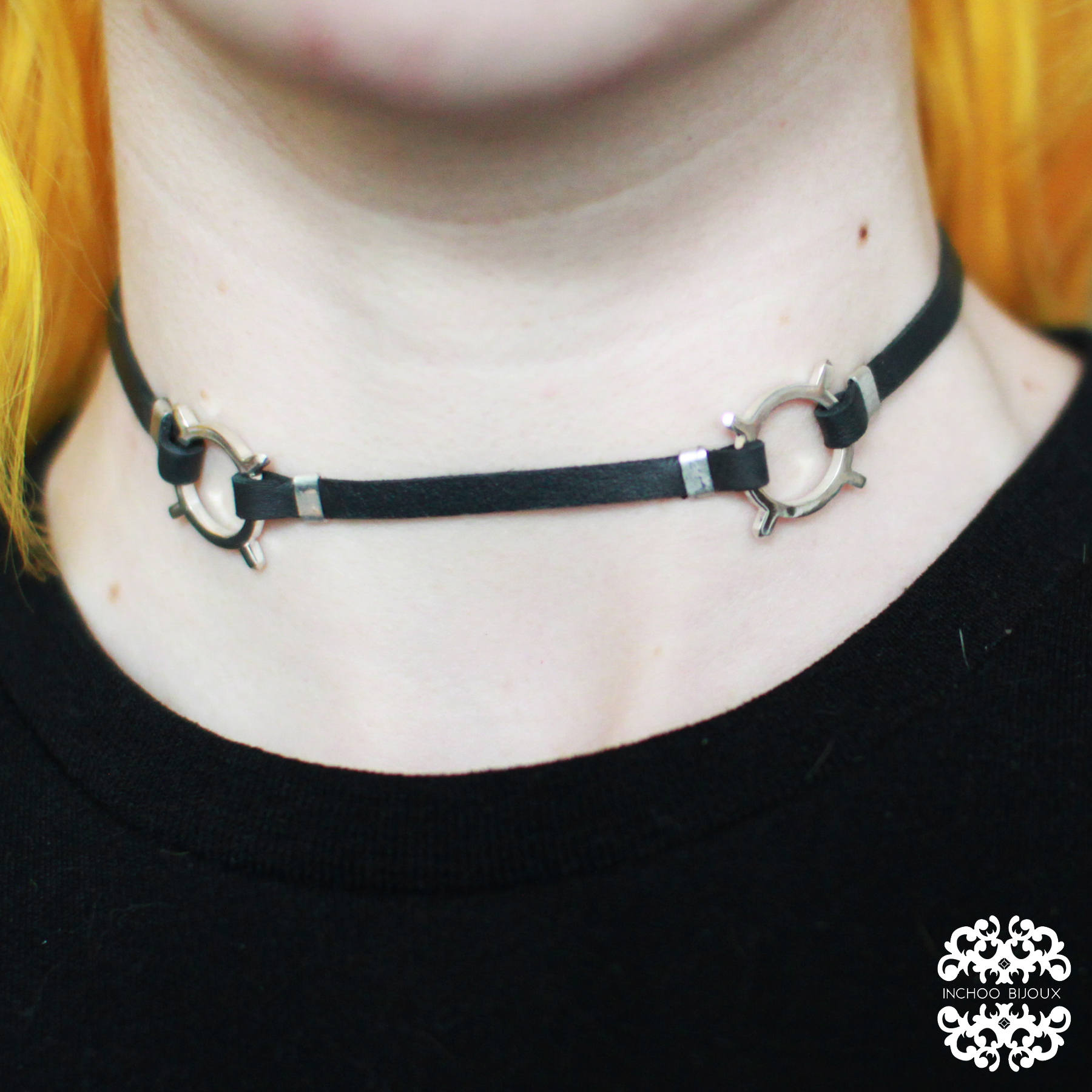 Collection of Black Leather O-Ring Choker Celestial Necklace - Inchoo Bijoux in a gallery layout