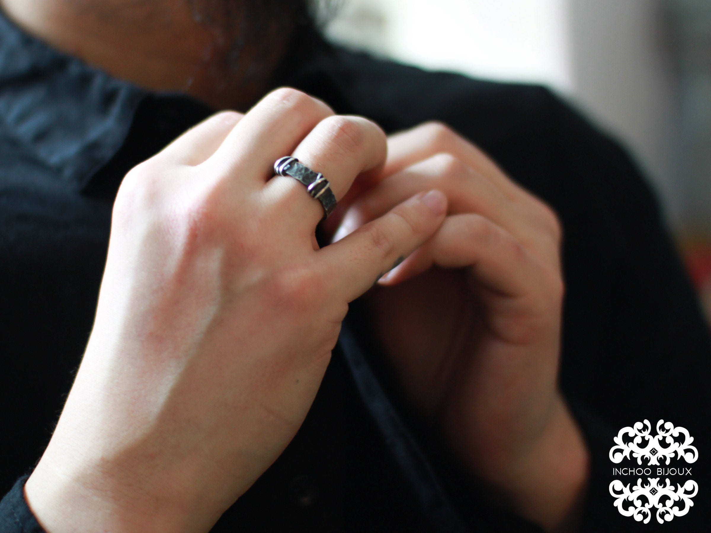 5mm Hammered Silver Mens Wedding Band Ring - Inchoo Bijoux