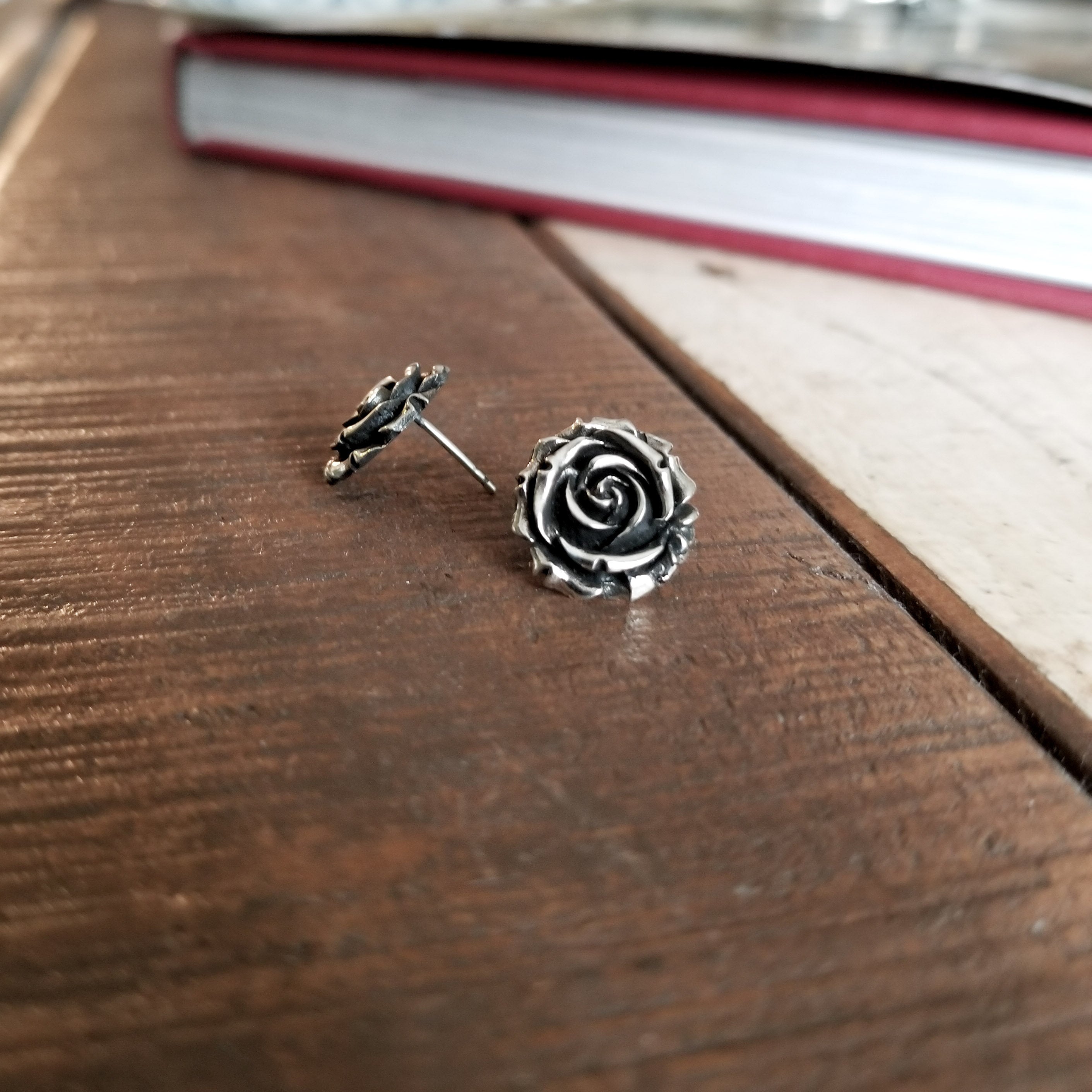 Collection of Silver Rose Stud Post Earrings Flower - Inchoo Bijoux in a gallery layout