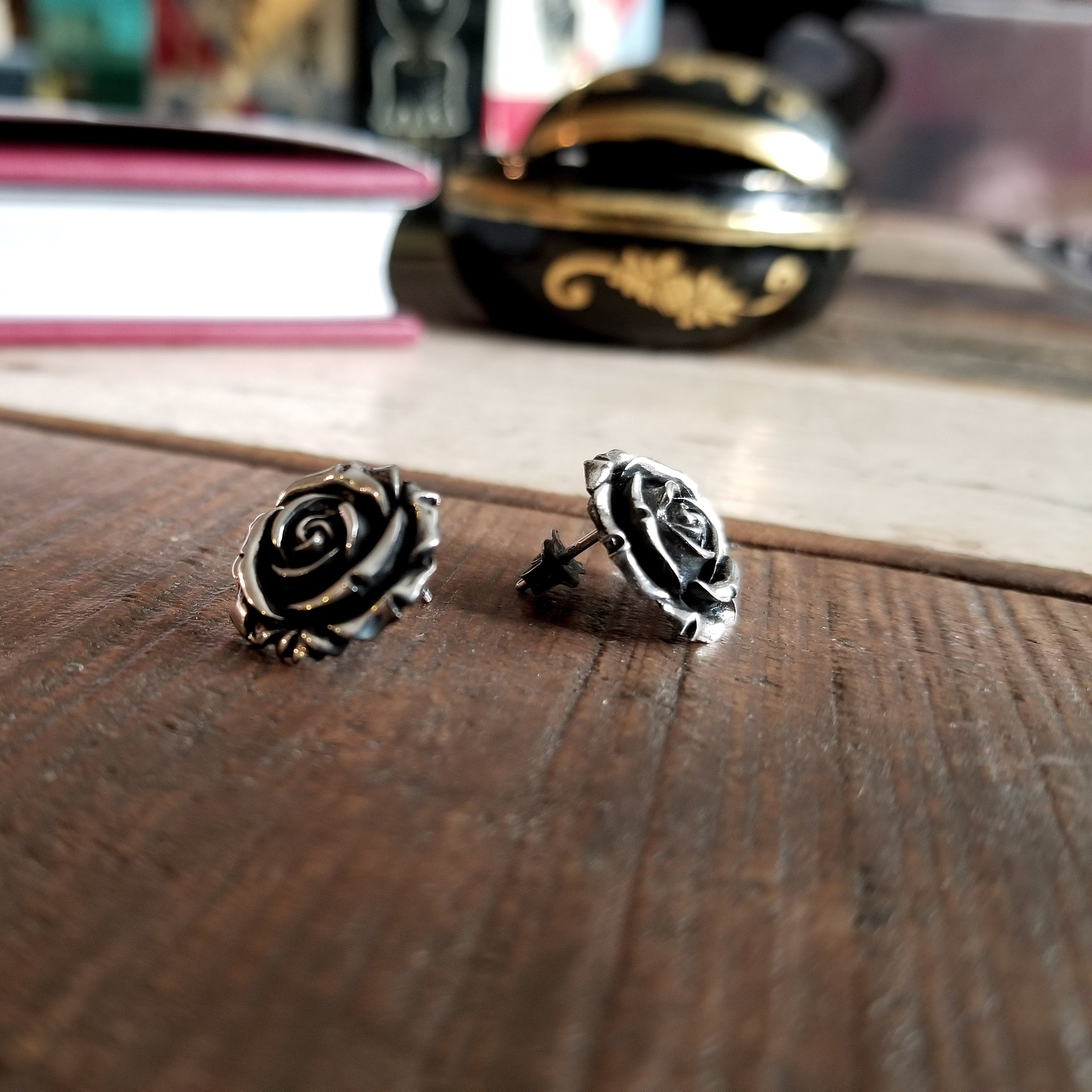 Collection of Silver Rose Stud Post Earrings Flower - Inchoo Bijoux in a gallery layout